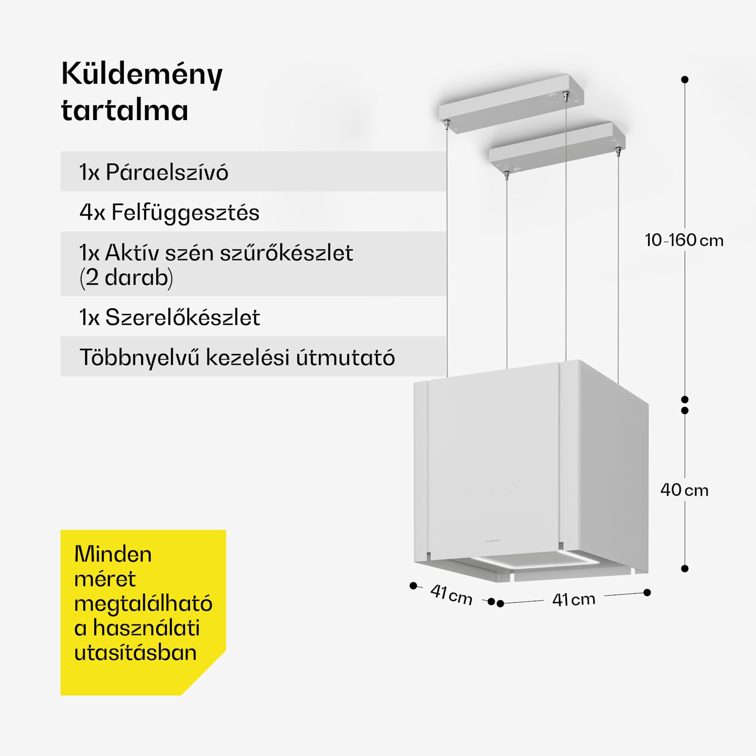 Velaire páraelszívó 40 cm-es emelő funkcióval, Elegáns, minimalista, nagy teljesítményű, EEC A++, 601 m³/ó 40 cm | Fehér
