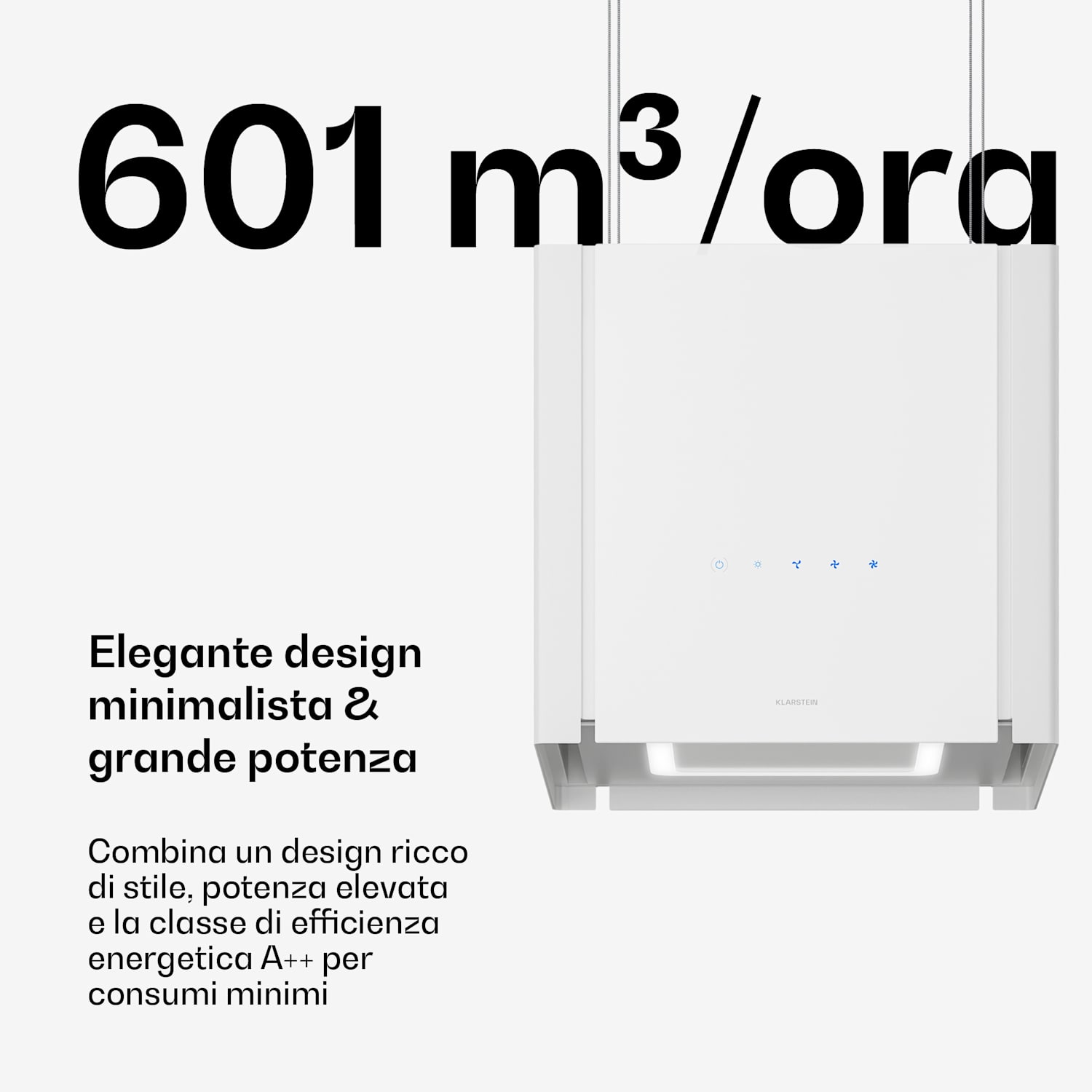 Velaire - Cappa aspirante con funzione di sollevamento, 40 cm | Elegante, minimalista, potente | Classe energetica A++ | 601 m³/ora 40 cm | Bianco