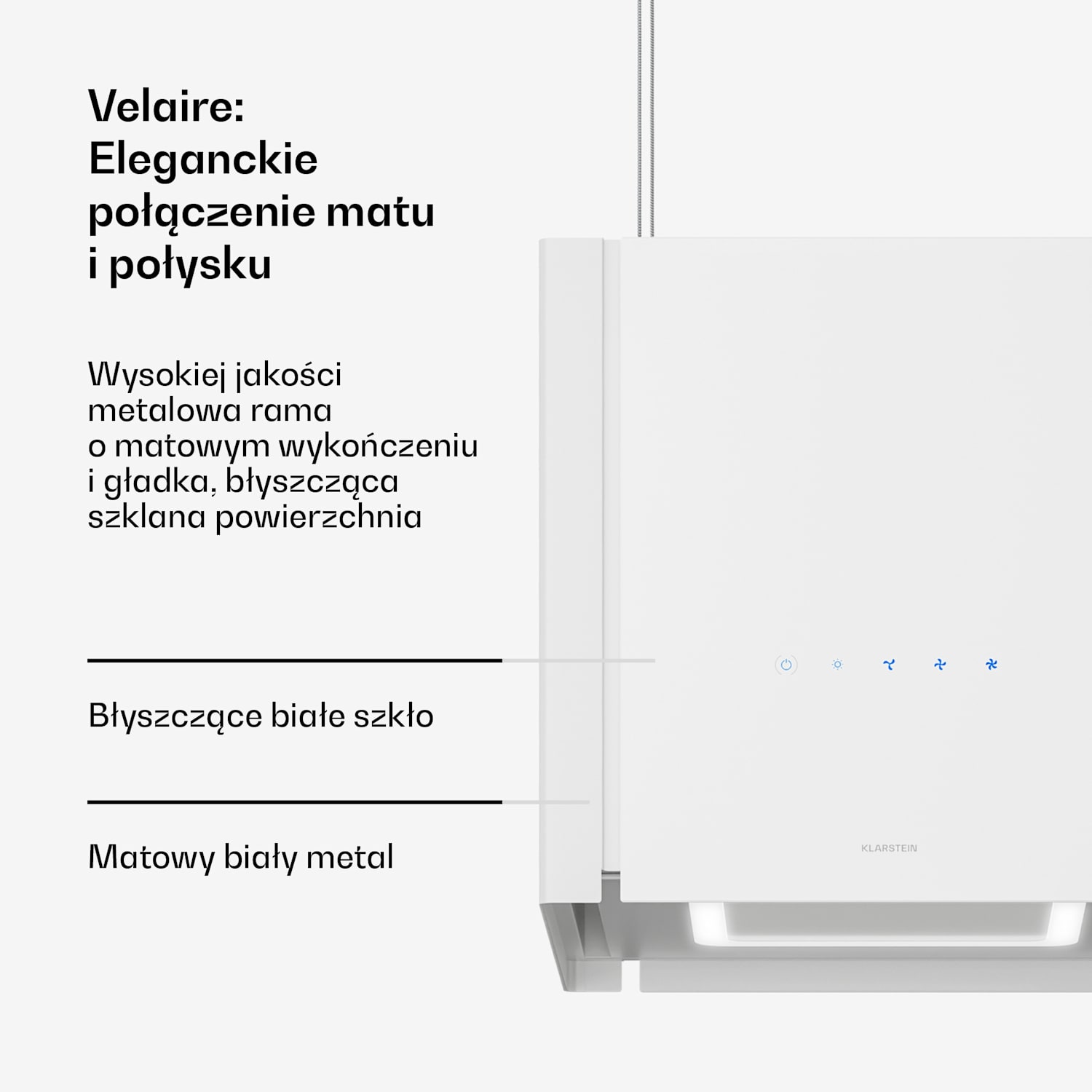 Okap Velaire z funkcją podnoszenia 40 cm, Elegancki, minimalistyczny, wydajny, EEC A++, 601 m³/h 40 cm | Biały