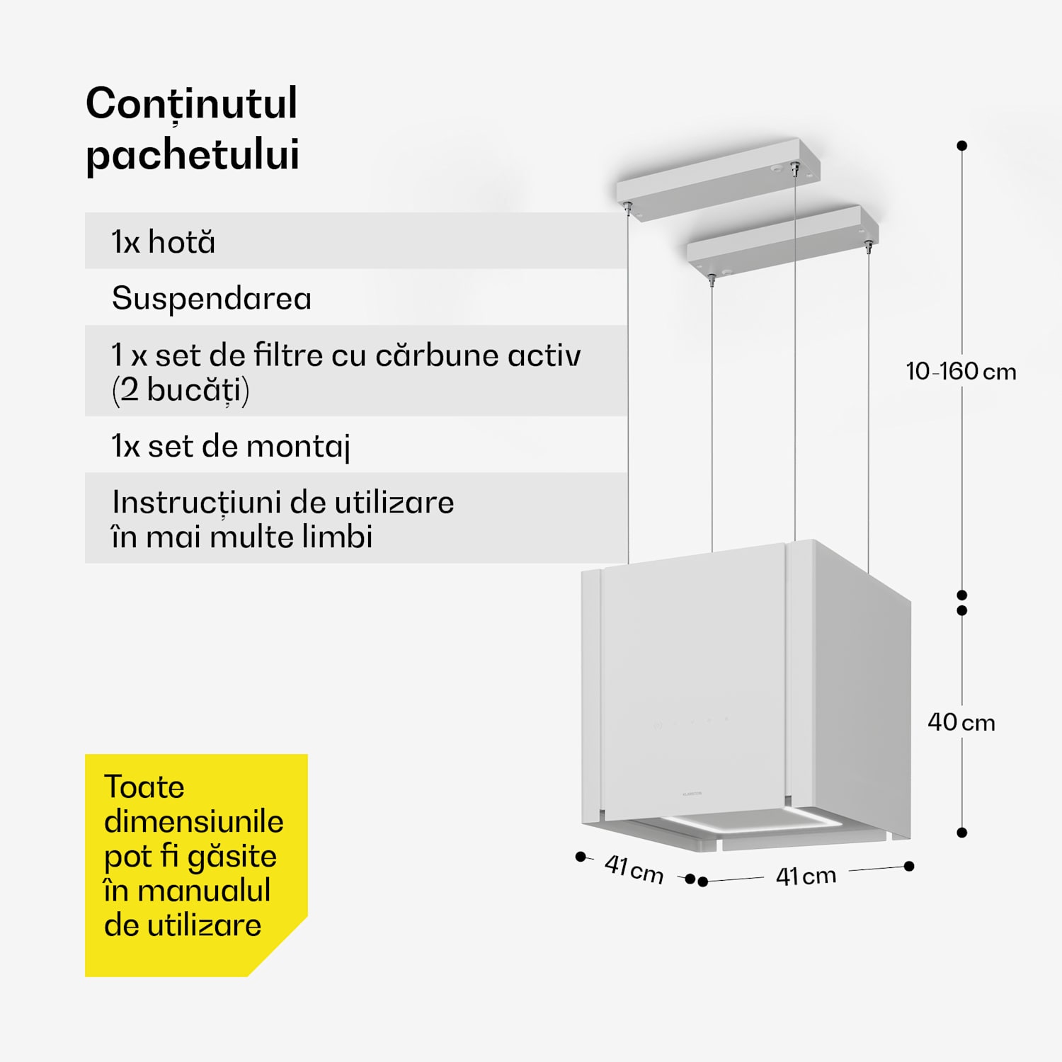 Hota Velaire cu funcție de ridicare de 40 cm, Elegant, minimalist, puternic, CEE A++, 601 m³/h 40 cm | Alb