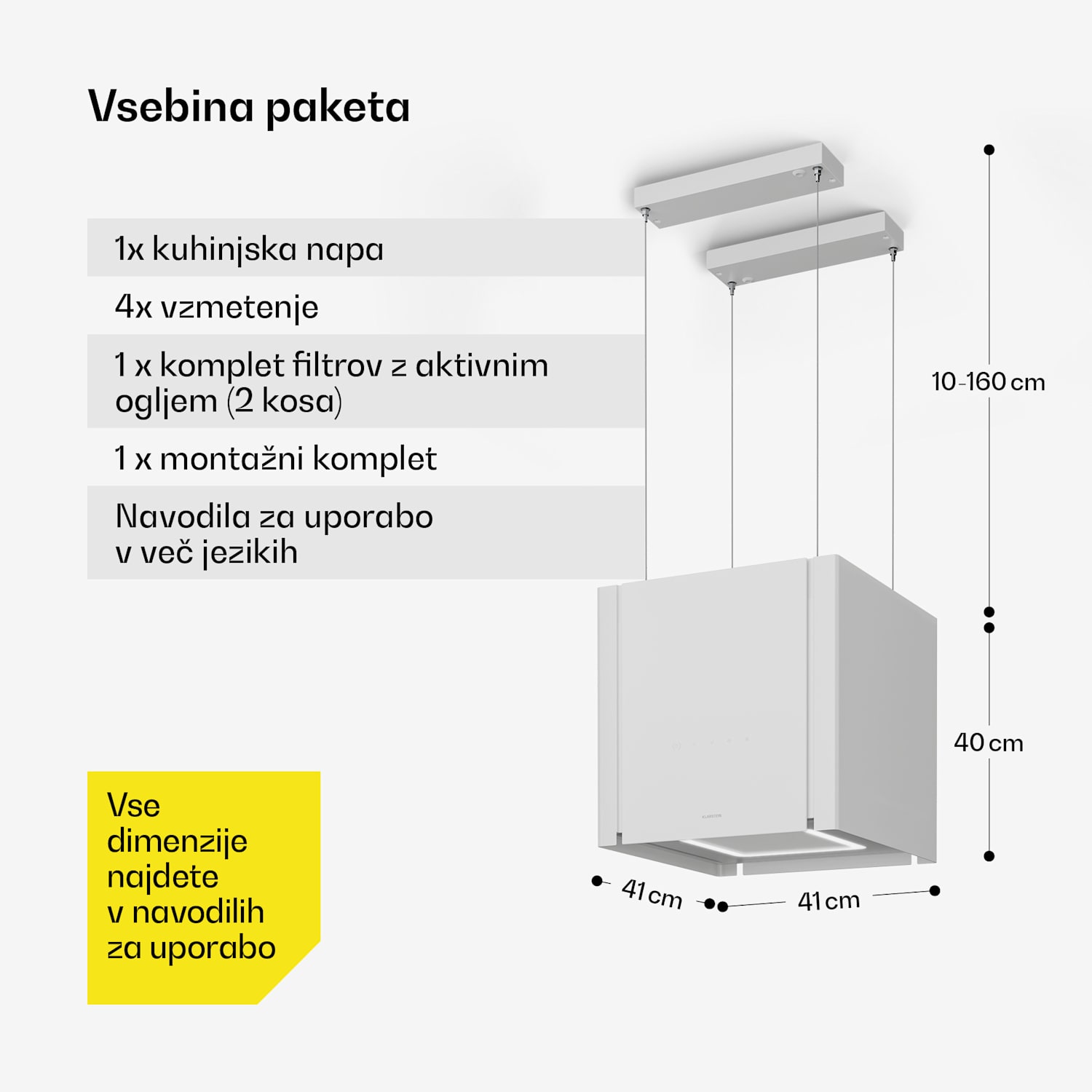 Velaire kuhinjska napa z dvižno funkcijo 40 cm, Elegantna, minimalistična, zmogljiva, EEC A++, 601 m³/h 40 cm | Bela