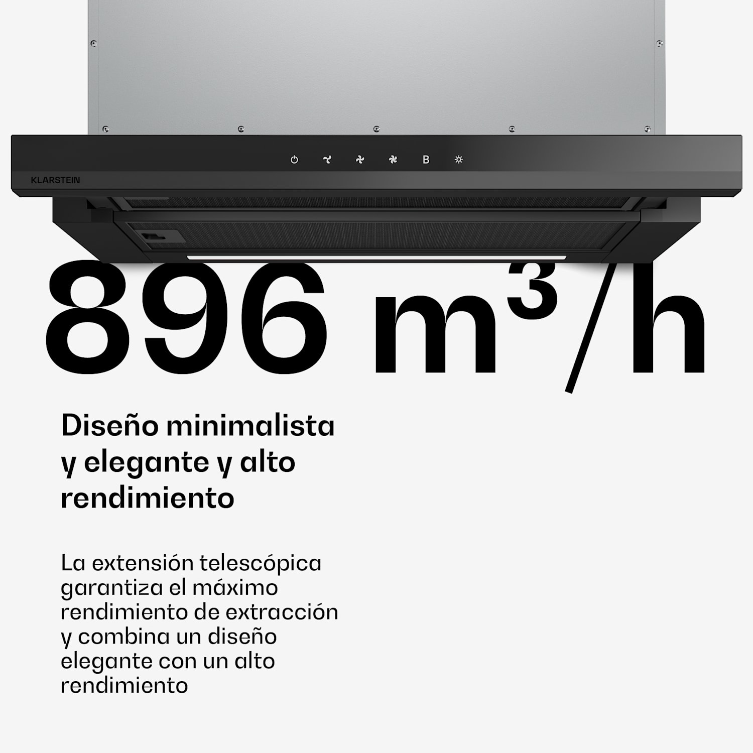 Campana extractora telescópica Velaire 60 cm | Elegante, minimalista, potente | EEC A++ | 896 m³/h Negro