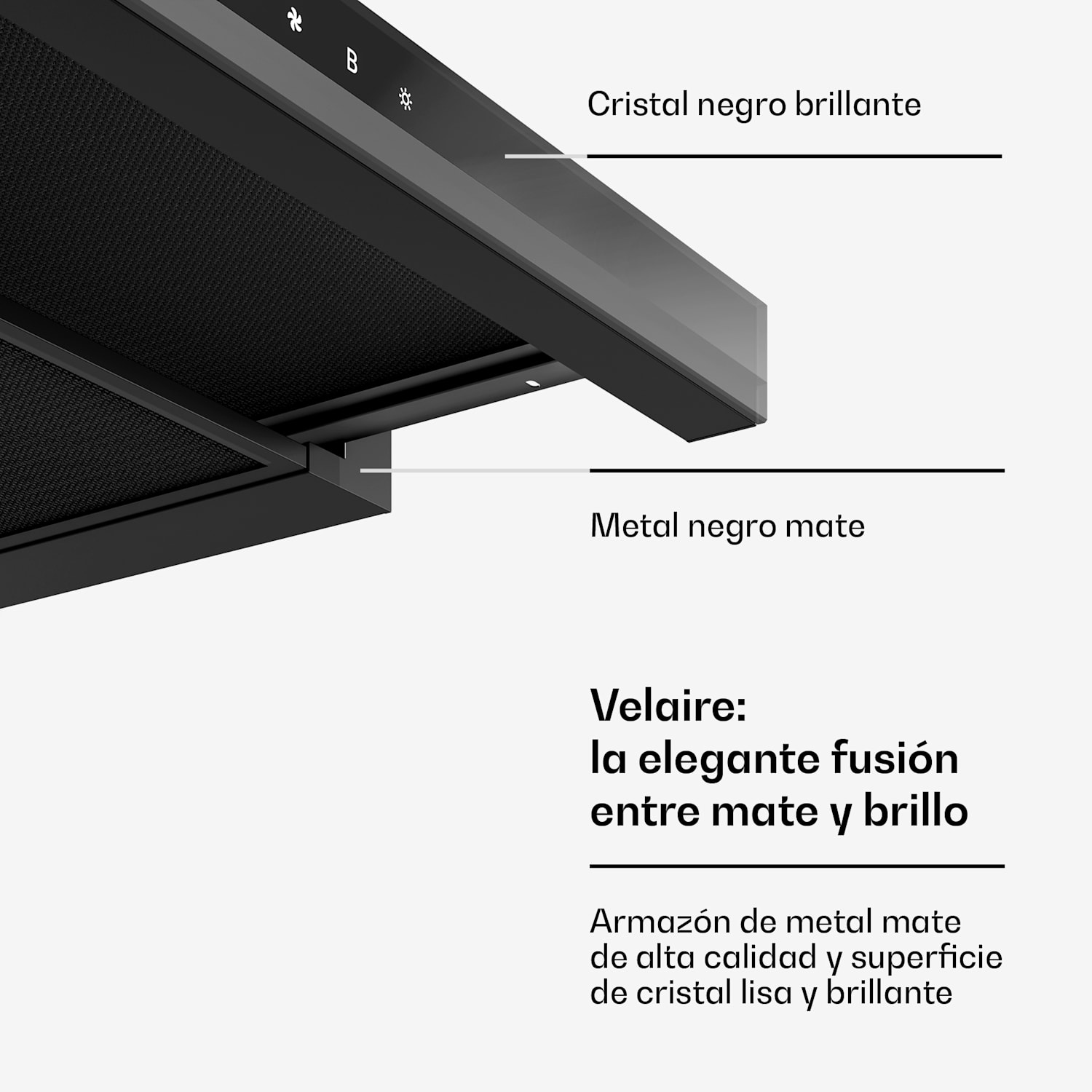 Campana extractora telescópica Velaire 60 cm | Elegante, minimalista, potente | EEC A++ | 896 m³/h Negro