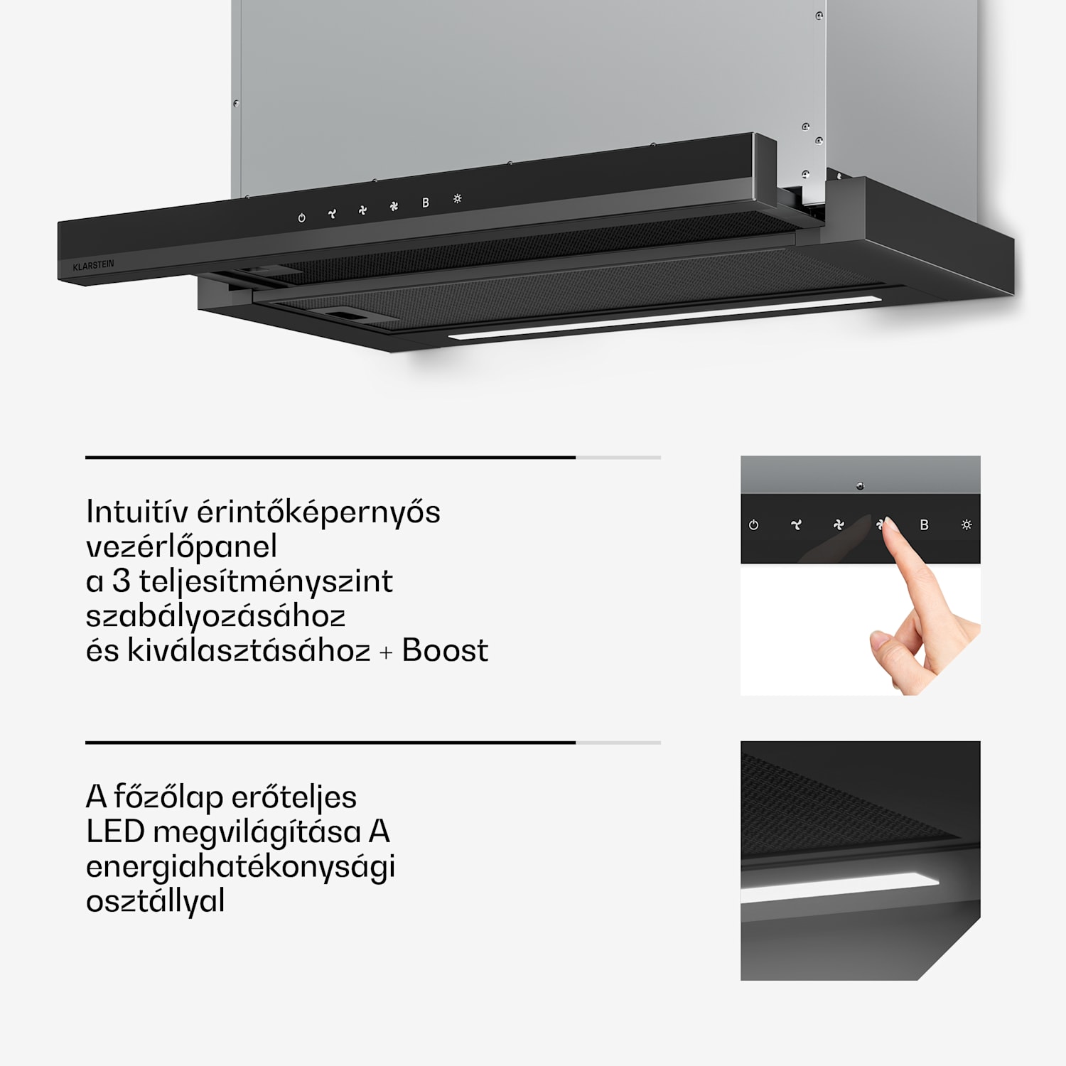 Velaire kihúzható páraelszívó 60 cm-es, Elegáns, minimalista, nagy teljesítményű, EEC A++, 896 m³/ó Fekete