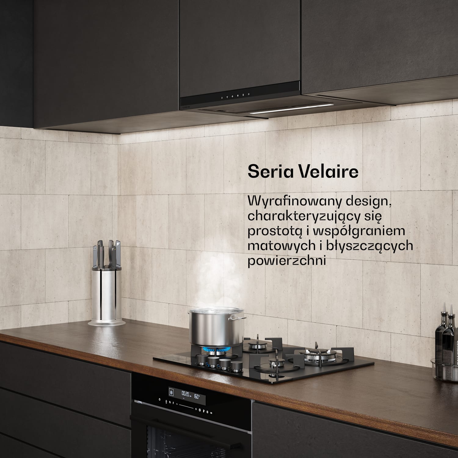 Okap kuchenny Velaire wysuwany 60 cm, Elegancki, minimalistyczny, wydajny, Klasa EEC A++, 896 m³/h Czarny
