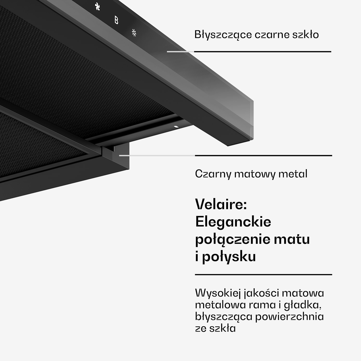 Okap kuchenny Velaire wysuwany 60 cm, Elegancki, minimalistyczny, wydajny, Klasa EEC A++, 896 m³/h Czarny