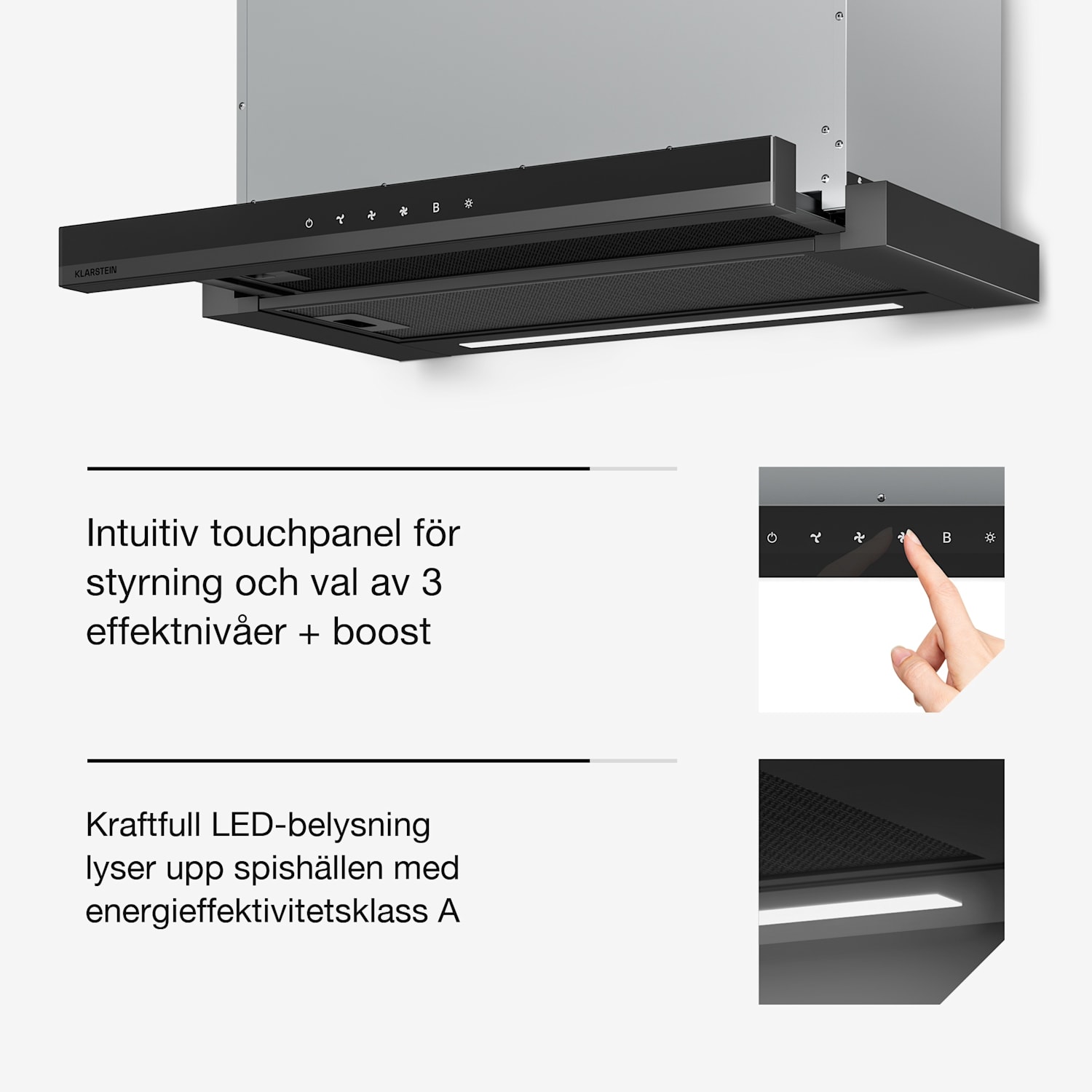 Velaire utdragbar fläkt 60 cm | Elegant, minimalistisk, kraftfull | EEC A++ | 891 m³/h Svart