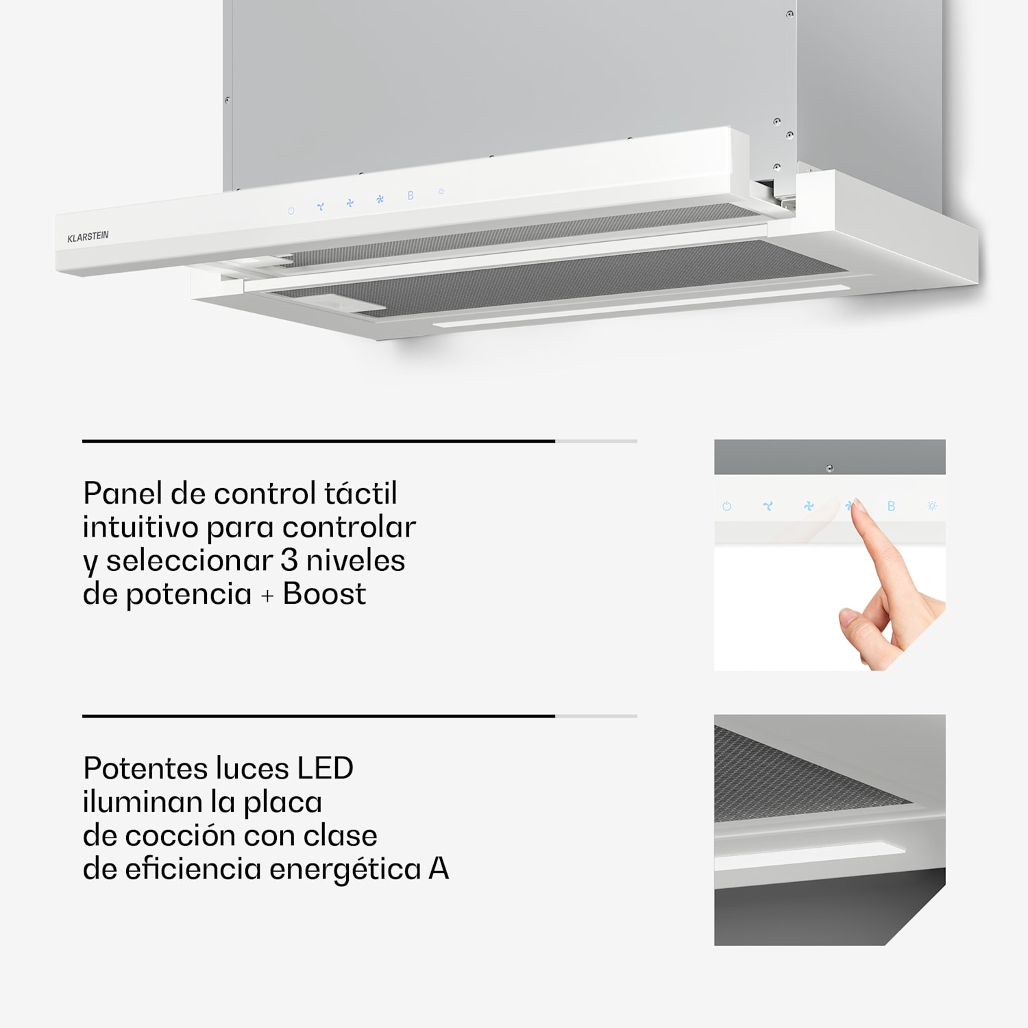 Campana extractora retráctil Velaire 60 cm | Elegante, minimalista, potente | EEC A++ | 896 m³/h Blanco