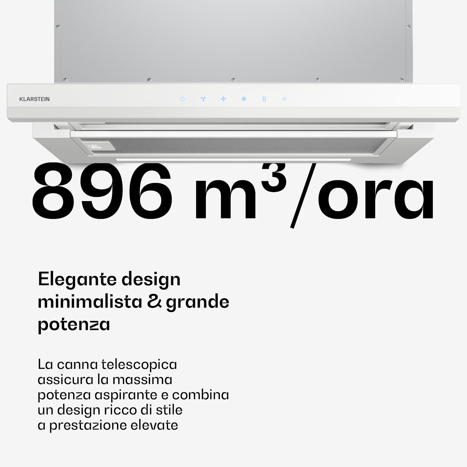 Velaire - Cappa aspirante estraibile, 60 cm | Elegante, minimalista, potente | Classe energetica A++ | 896 m³/ora Bianco