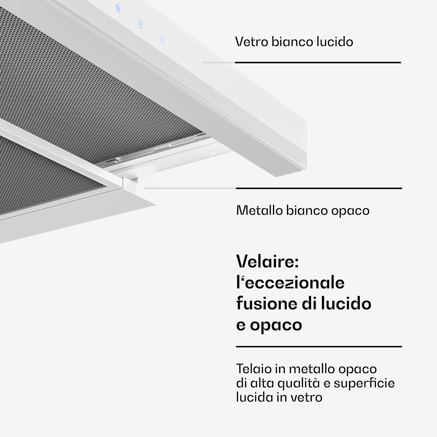 Velaire - Cappa aspirante estraibile, 60 cm | Elegante, minimalista, potente | Classe energetica A++ | 896 m³/ora Bianco