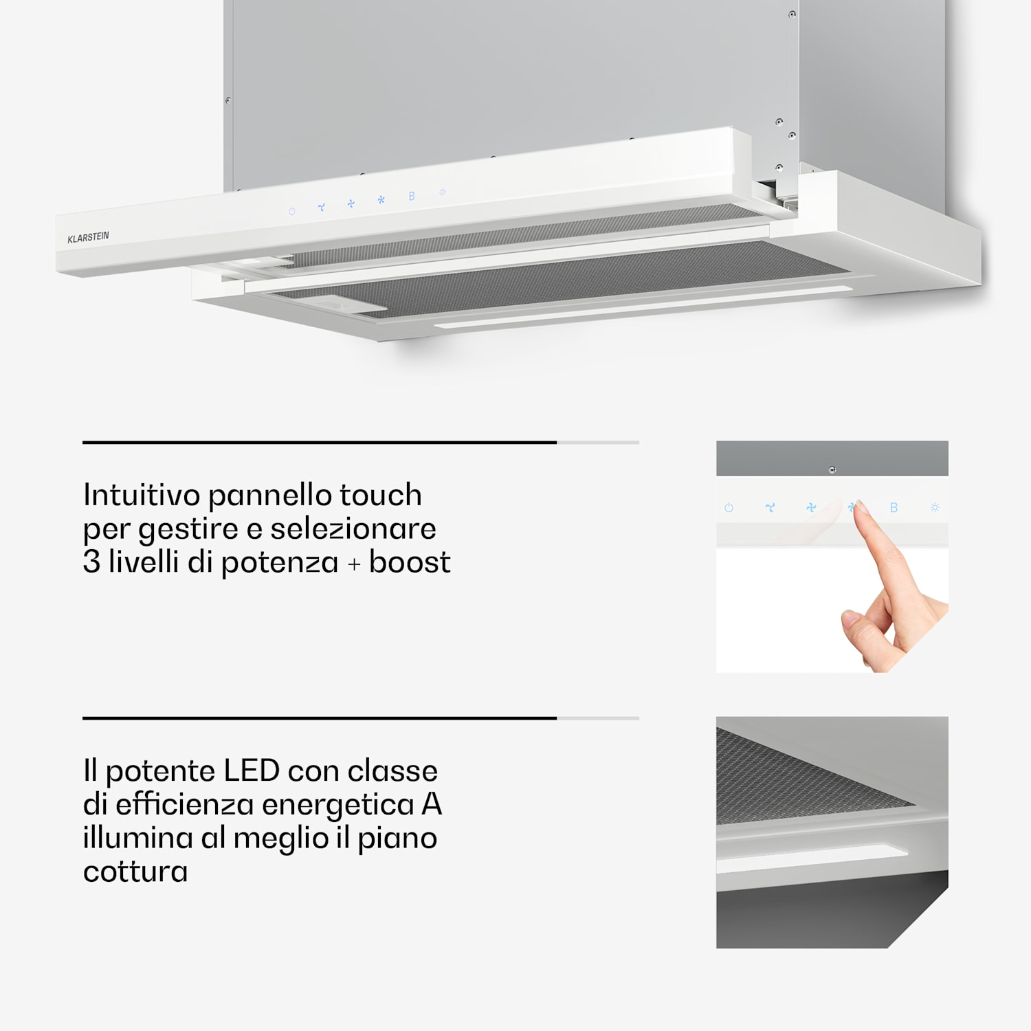Velaire - Cappa aspirante estraibile, 60 cm | Elegante, minimalista, potente | Classe energetica A++ | 896 m³/ora Bianco
