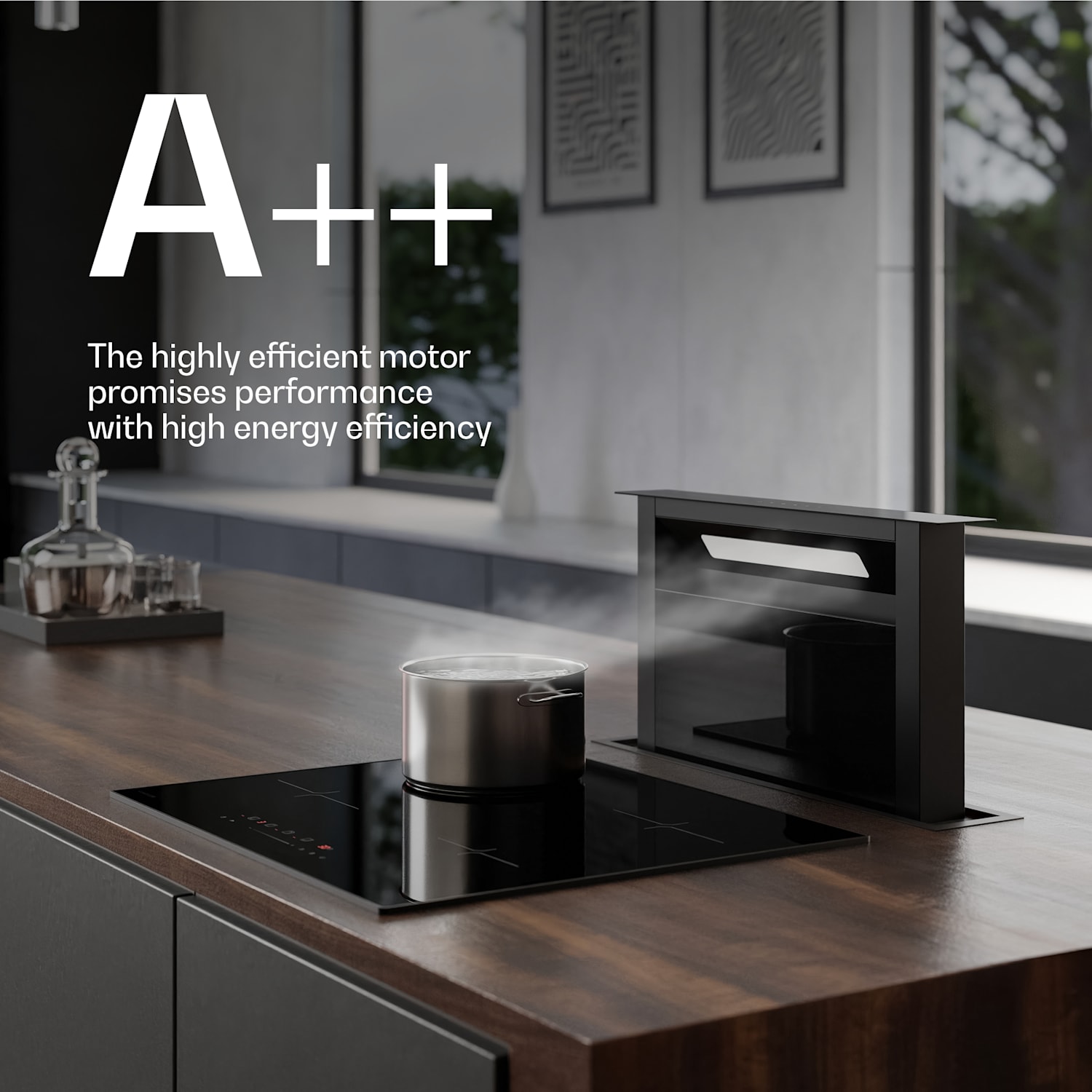 Velaire alaspäin imevä liesituuletin ilmanpoistotoiminnolla | Tyylikäs, minimalistinen, voimakas | Energiatehokkuusluokka A++ | 853 m³/h | 60 cm 60 cm