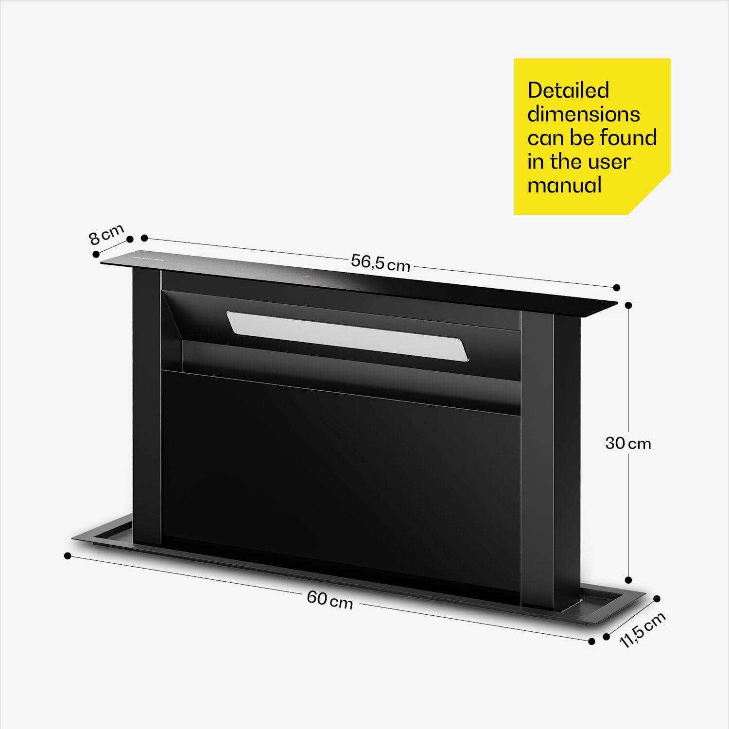 Velaire alaspäin imevä liesituuletin ilmanpoistotoiminnolla | Tyylikäs, minimalistinen, voimakas | Energiatehokkuusluokka A++ | 853 m³/h | 60 cm 60 cm