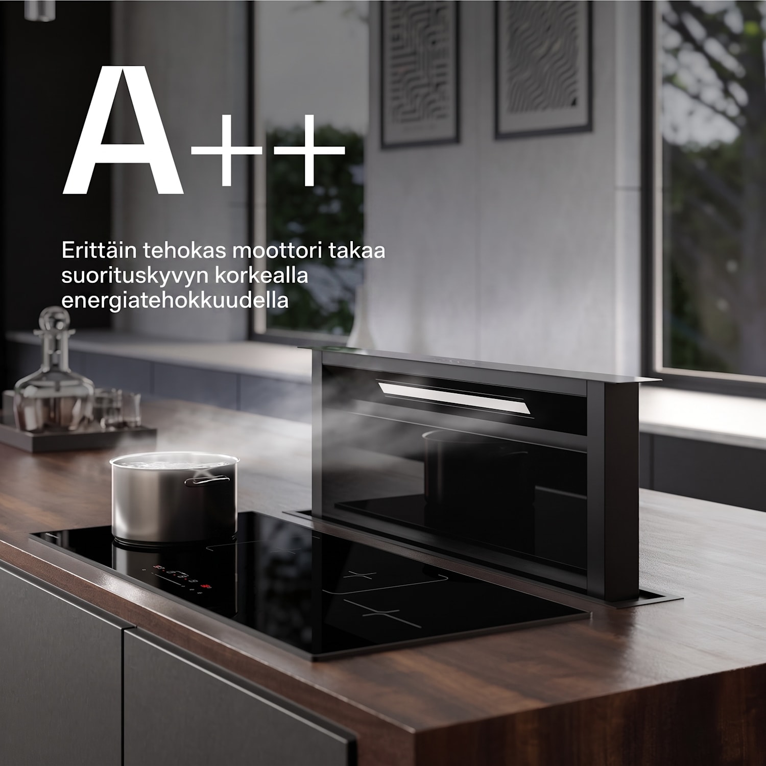 Velaire Downdraft-järjestelmä | Tyylikäs, minimalistinen, tehokas | Energialuokka A++ | 906 m³/h | 90 cm 90 cm