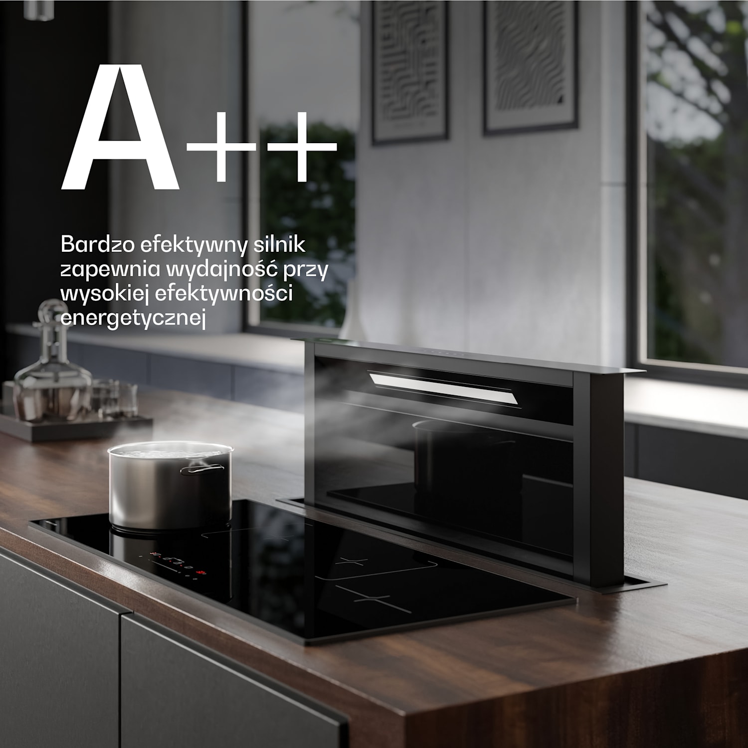 System downdraft Velaire, Elegancki, minimalistyczny, wydajny, Klasa energetyczna A++, 906 m³/h, 90 cm 90 cm