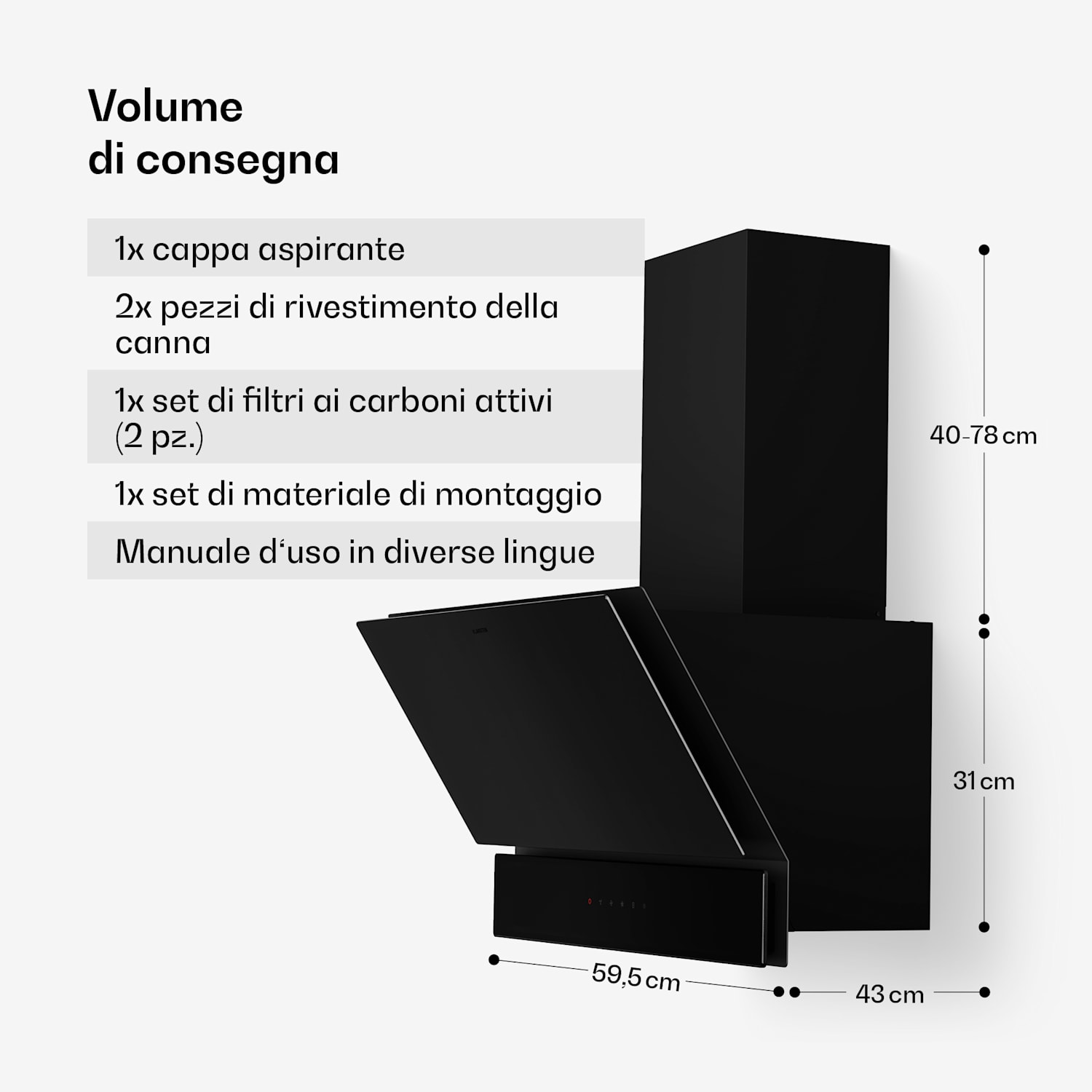 Velaire - Cappa aspirante | Elegante, minimalista, potente | Classe energetica A++ | 820 m³/ora | 60 cm 60 cm | Nero