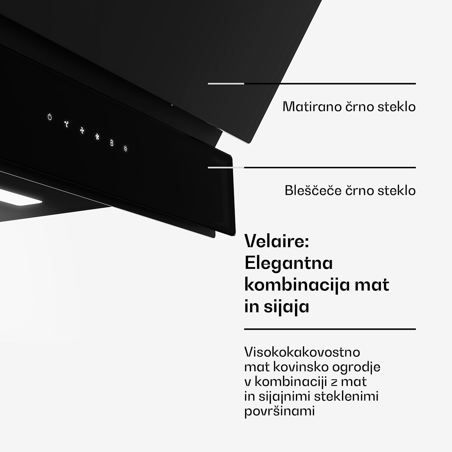 Velaire kuhinjska napa, Elegantna, minimalistična, močna, Energijski razred A++, 820 m³/h, 60 cm 60 cm | Črna