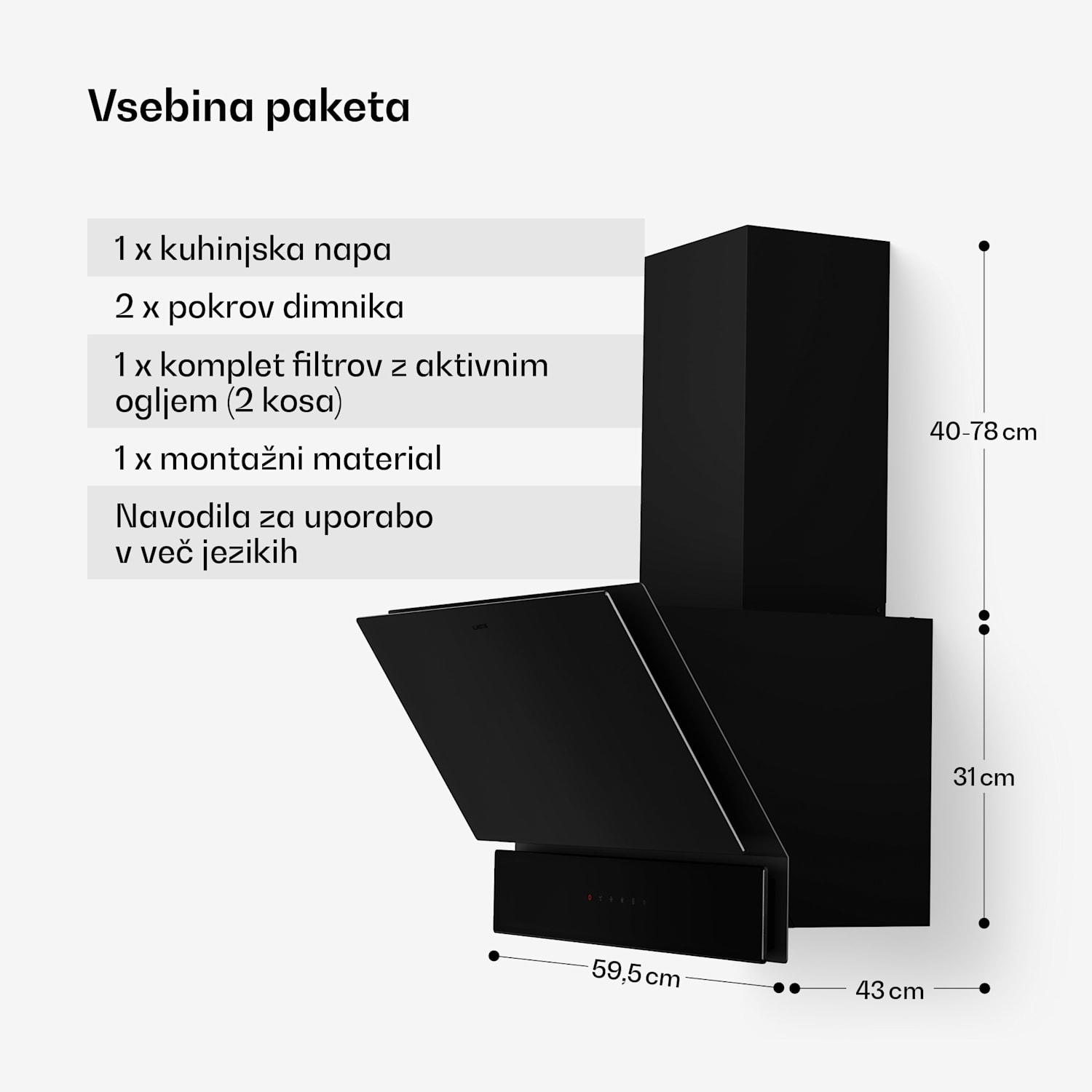 Velaire kuhinjska napa, Elegantna, minimalistična, močna, Energijski razred A++, 820 m³/h, 60 cm 60 cm | Črna