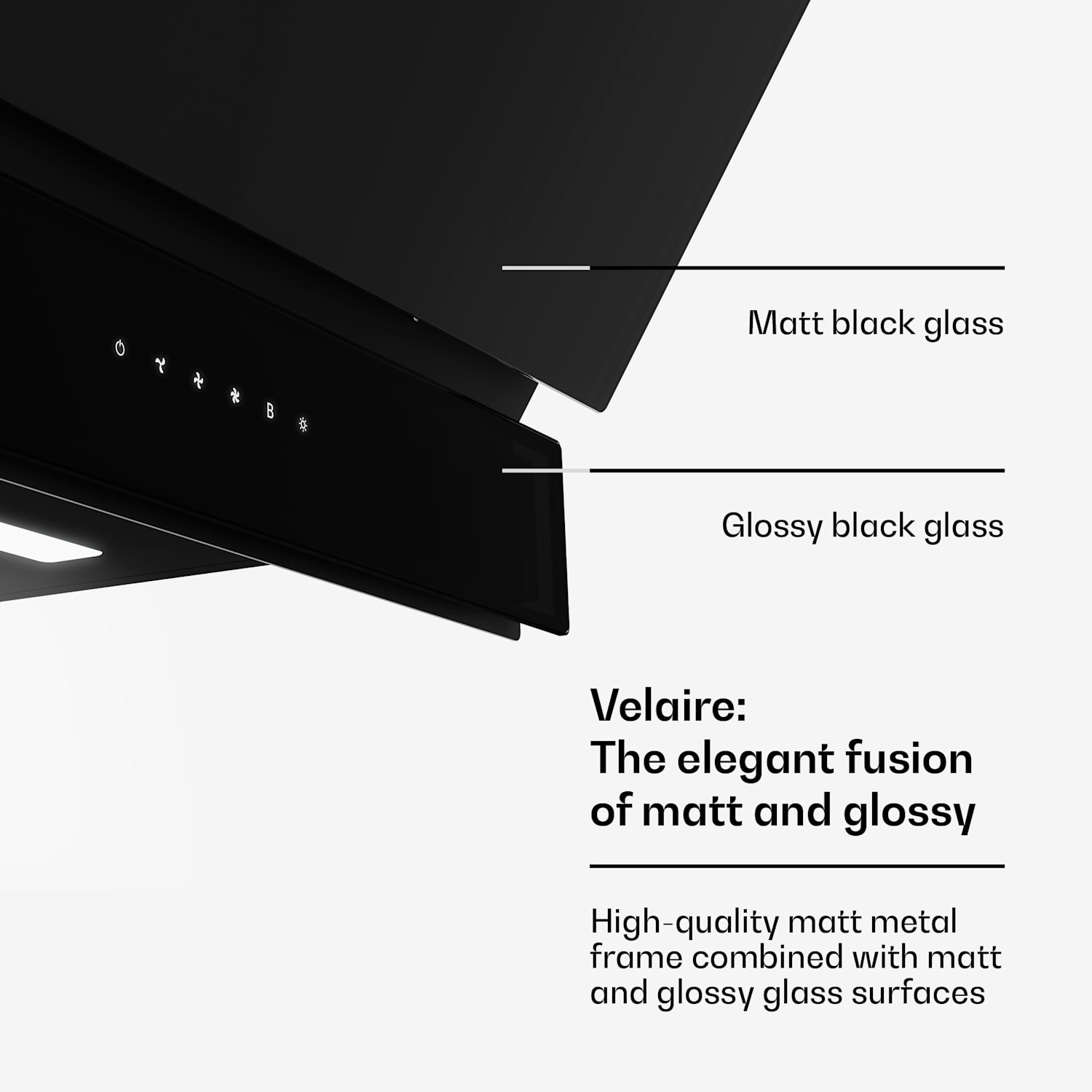 Velaire liesituuletin ilmanpoistotoiminnolla | Tyylikäs, minimalistinen, voimakas | Energiatehokkuusluokka A++ | 820 m³/h | 60 cm 60 cm | Musta