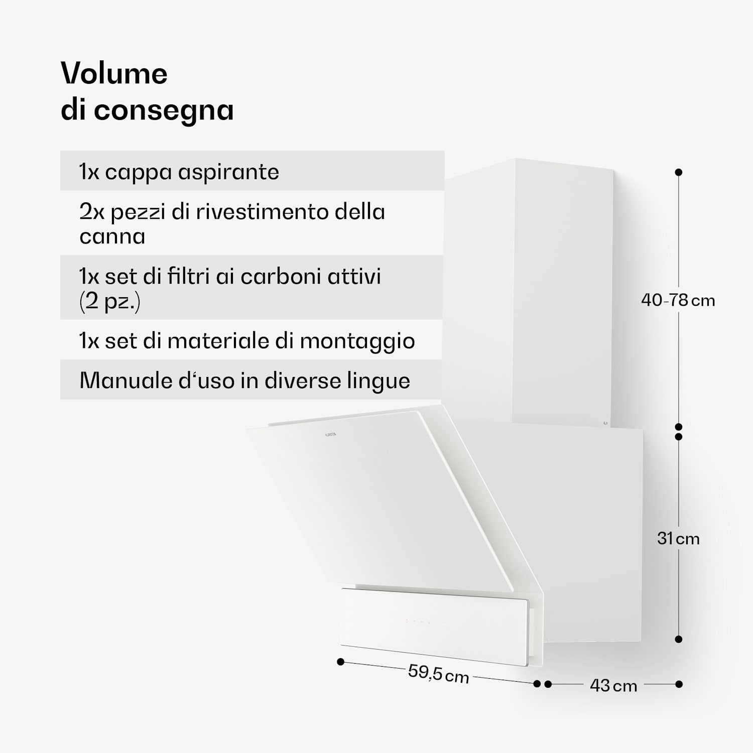Velaire - Cappa aspirante | Elegante, minimalista, potente | Classe energetica A++ | 820 m³/ora | 60 cm 60 cm | Bianco