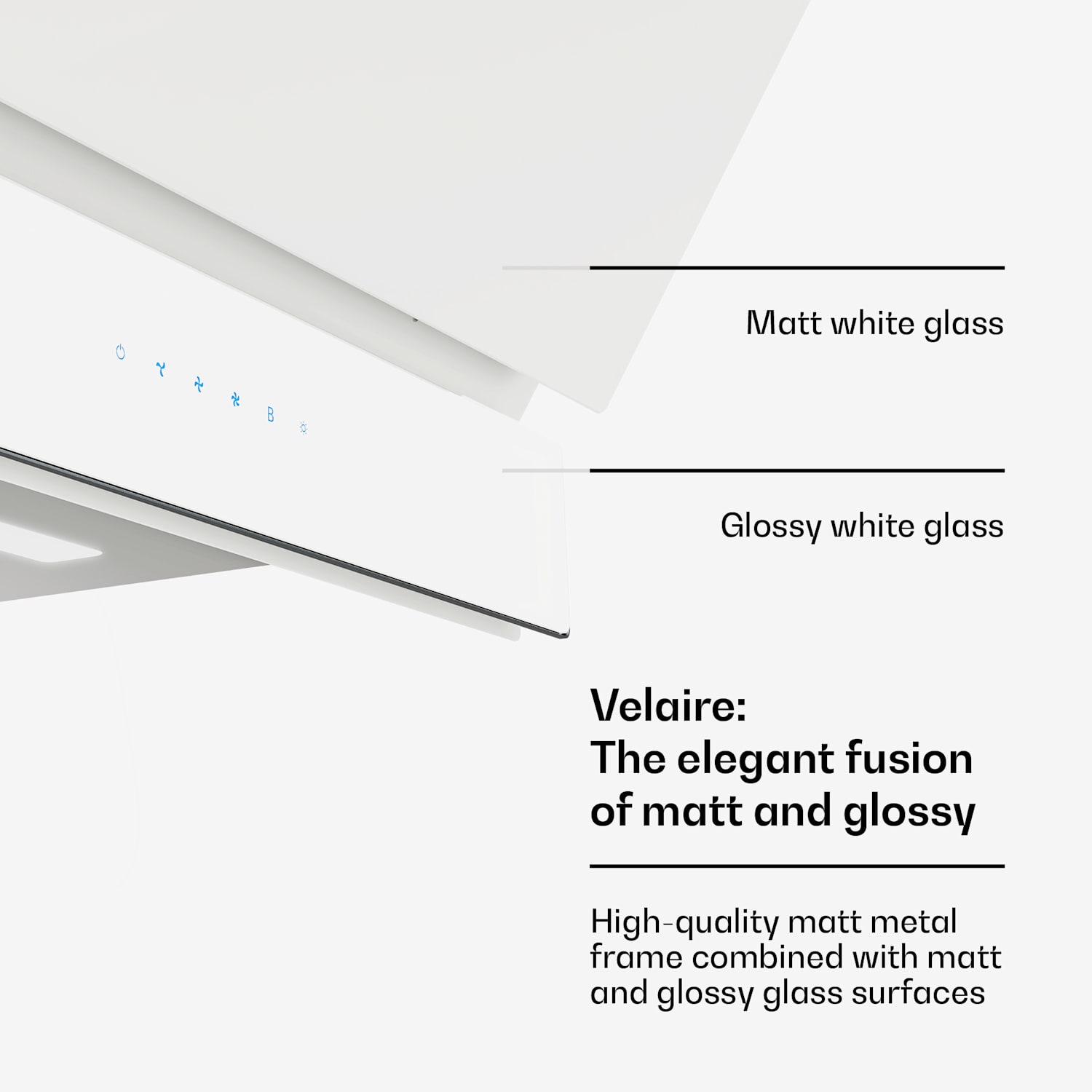 Velaire liesituuletin | Tyylikäs, minimalistinen, tehokas | Energiatehokkuusluokka A++ | 820 m³/h | 60 cm 60 cm | Valkoinen