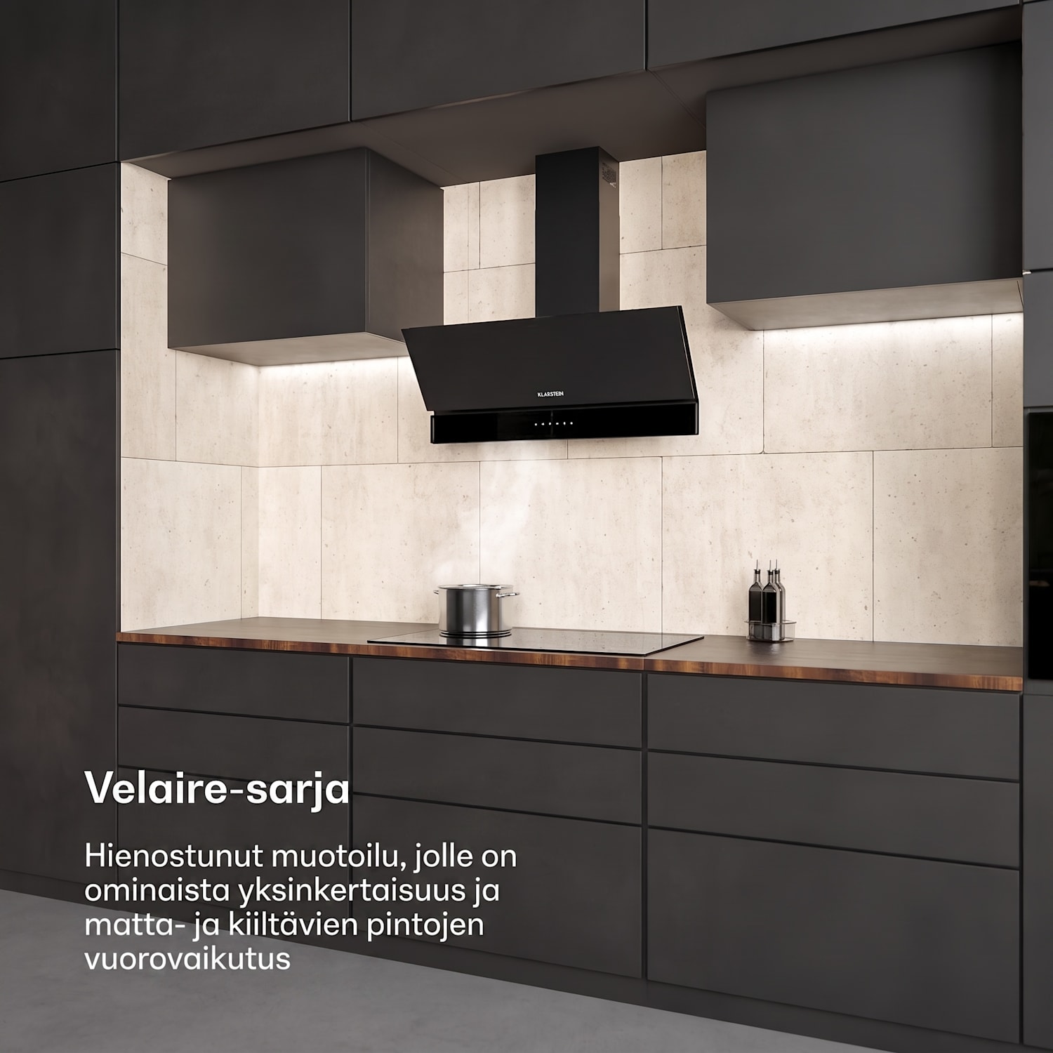 Velaire liesituuletin | Tyylikäs, minimalistinen, tehokas | Energialuokka A++ | 820 m³/h | 90 cm 90 cm | Musta