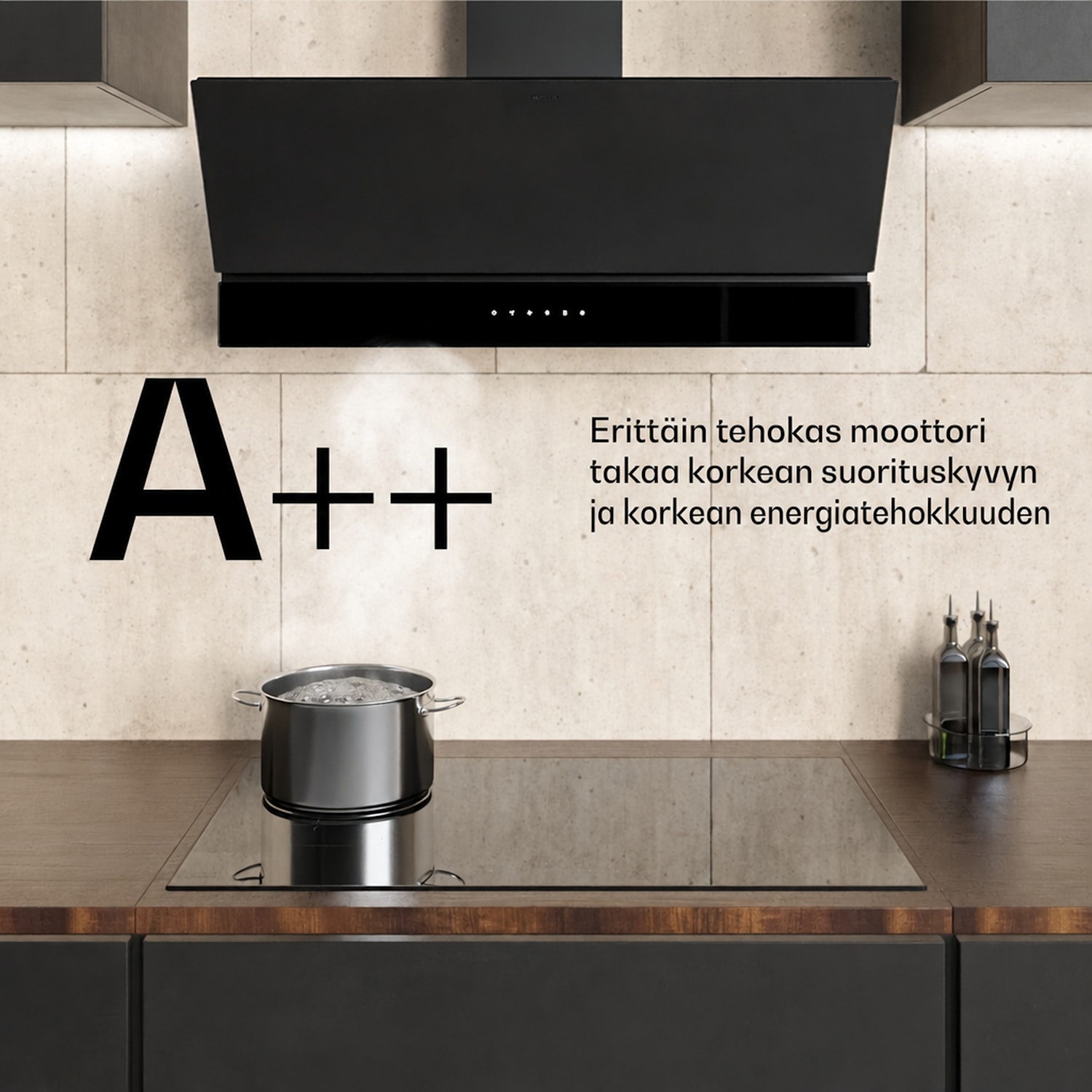Velaire liesituuletin | Tyylikäs, minimalistinen, tehokas | Energialuokka A++ | 820 m³/h | 90 cm 90 cm | Musta