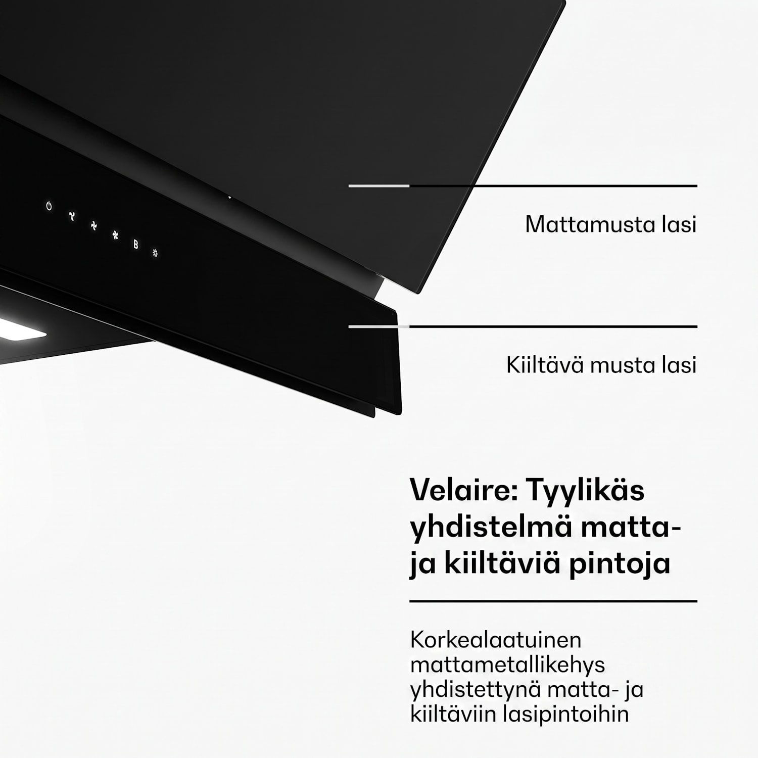 Velaire liesituuletin | Tyylikäs, minimalistinen, tehokas | Energialuokka A++ | 820 m³/h | 90 cm 90 cm | Musta