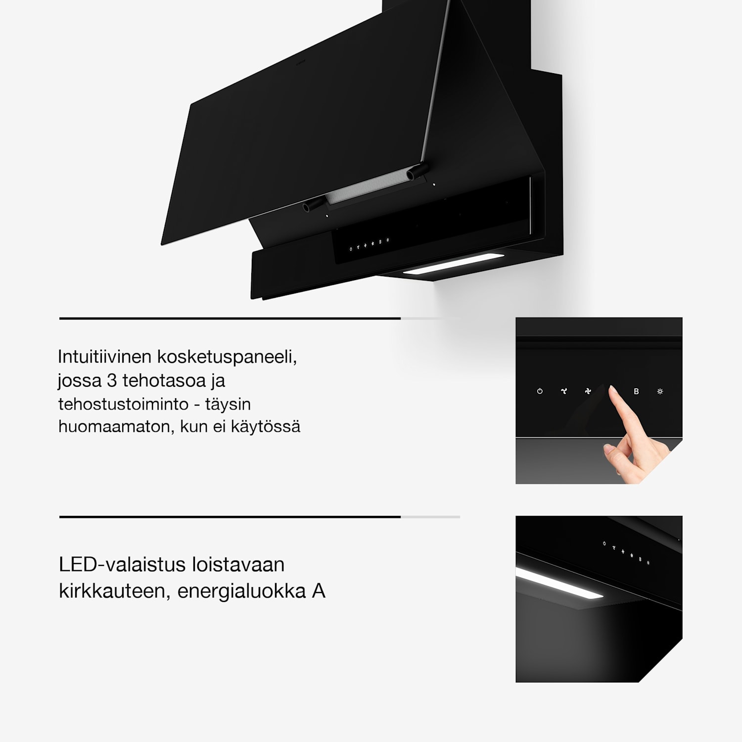 Velaire liesituuletin | Tyylikäs, minimalistinen, tehokas | Energialuokka A++ | 820 m³/h | 90 cm 90 cm | Musta