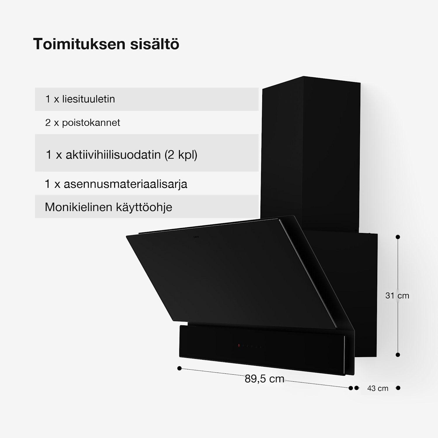 Velaire liesituuletin | Tyylikäs, minimalistinen, tehokas | Energialuokka A++ | 820 m³/h | 90 cm 90 cm | Musta