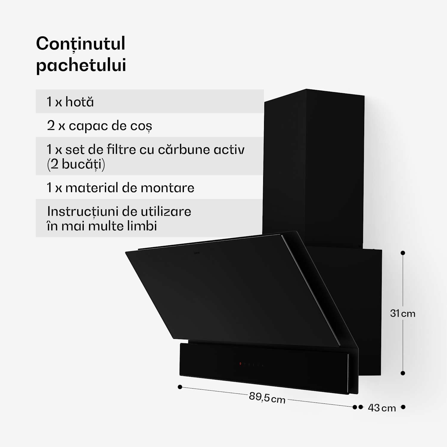 Hotă Velaire, Elegantă, minimalistă, performantă, Clasa energetică A++, 820 m³/h, 90 cm 90 cm | Negru