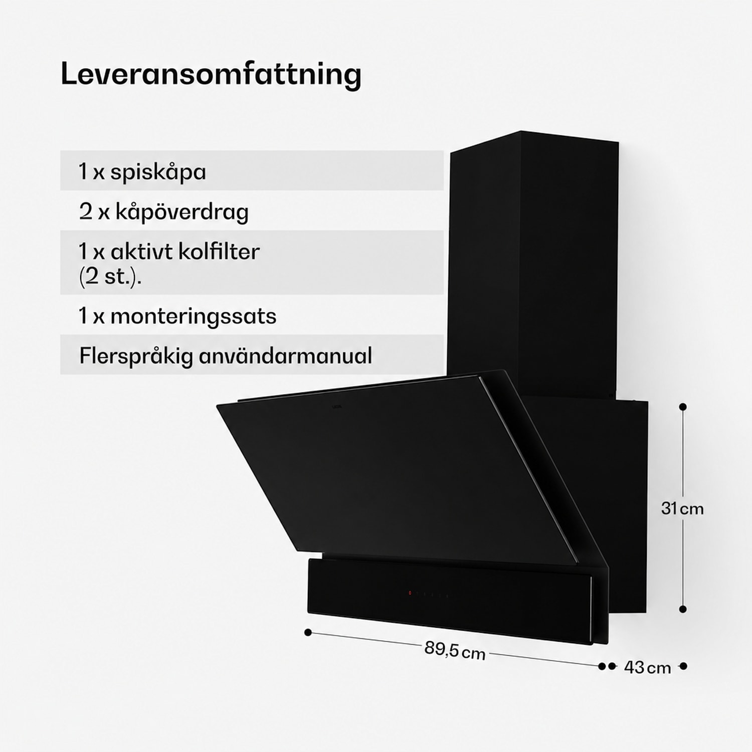 Velaire fläktkåpa | elegant, minimalistisk, kraftfull | energiklass A++ | 818 m³/h | 90 cm 90 cm | Svart