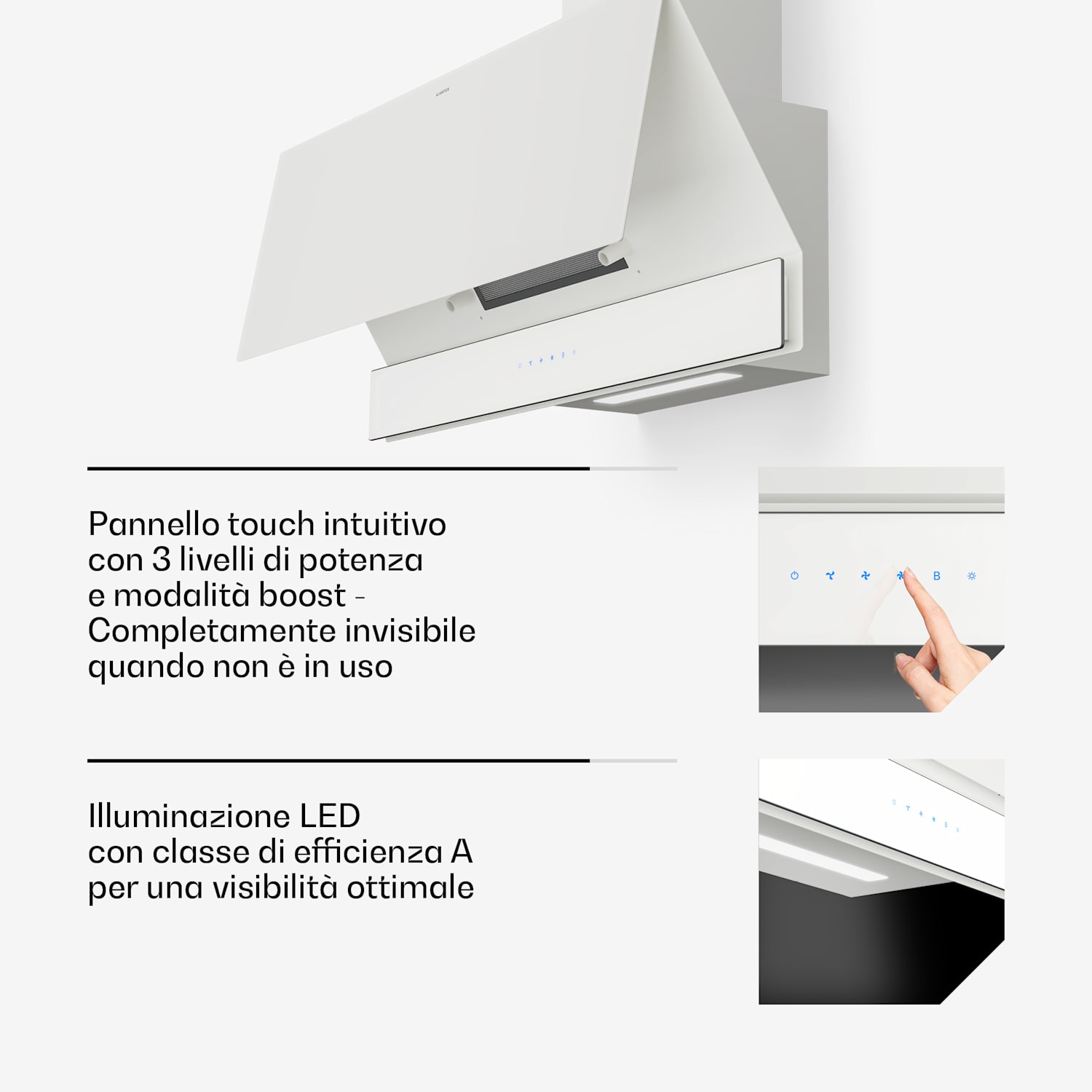 Velaire - Cappa aspirante | Elegante, minimalista, potente | Classe energetica A++ | 820 m³/ora | 90 cm 90 cm | Bianco