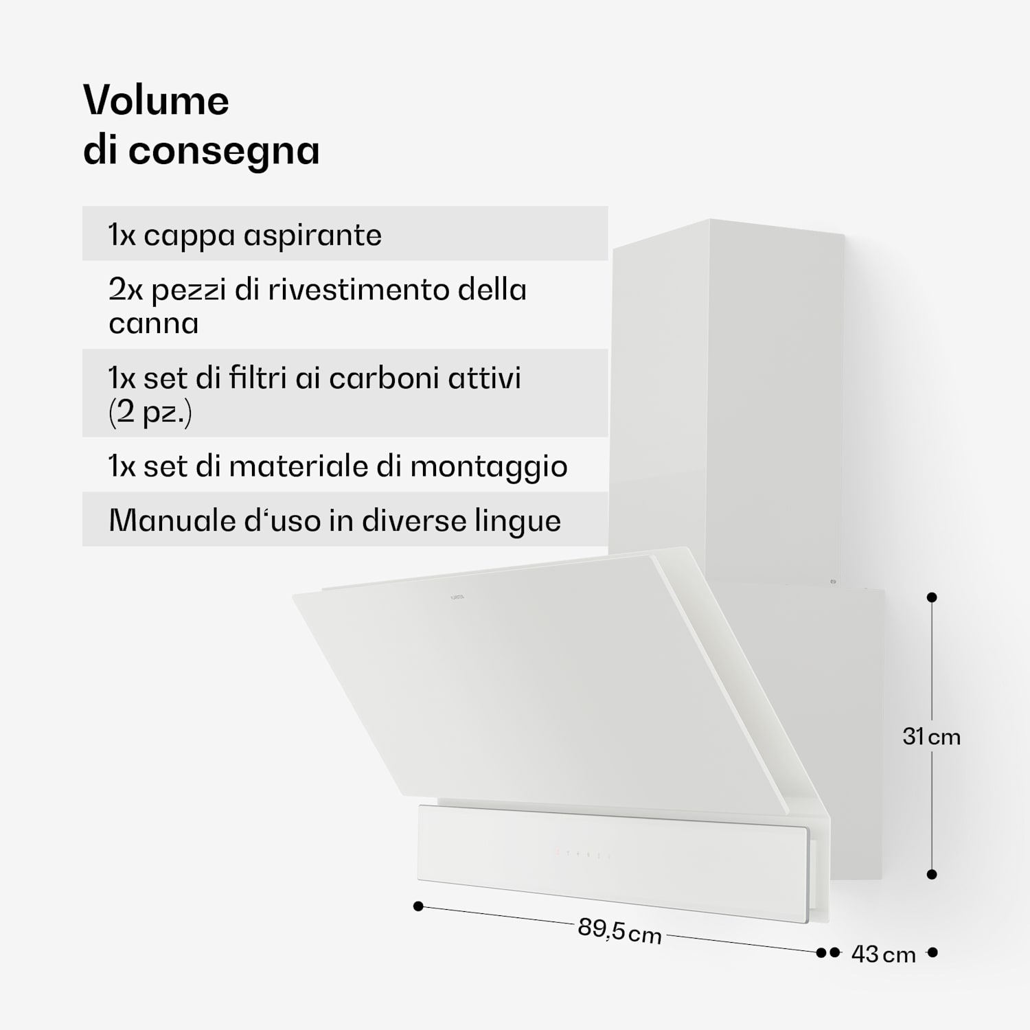Velaire - Cappa aspirante | Elegante, minimalista, potente | Classe energetica A++ | 820 m³/ora | 90 cm 90 cm | Bianco