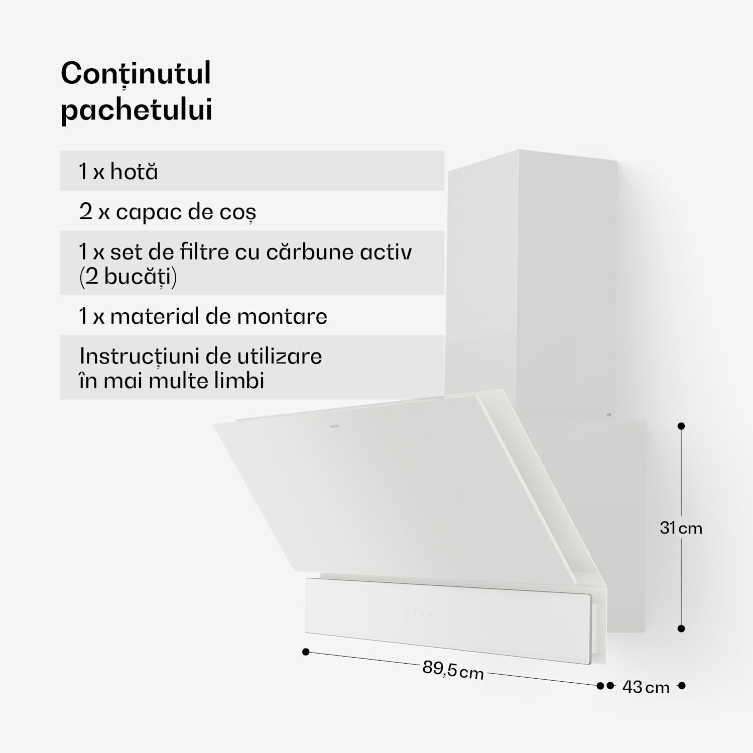 Hotă Velaire, Elegantă, minimalistă, performantă, Clasa energetică A++, 820 m³/h, 90 cm 90 cm | Alb
