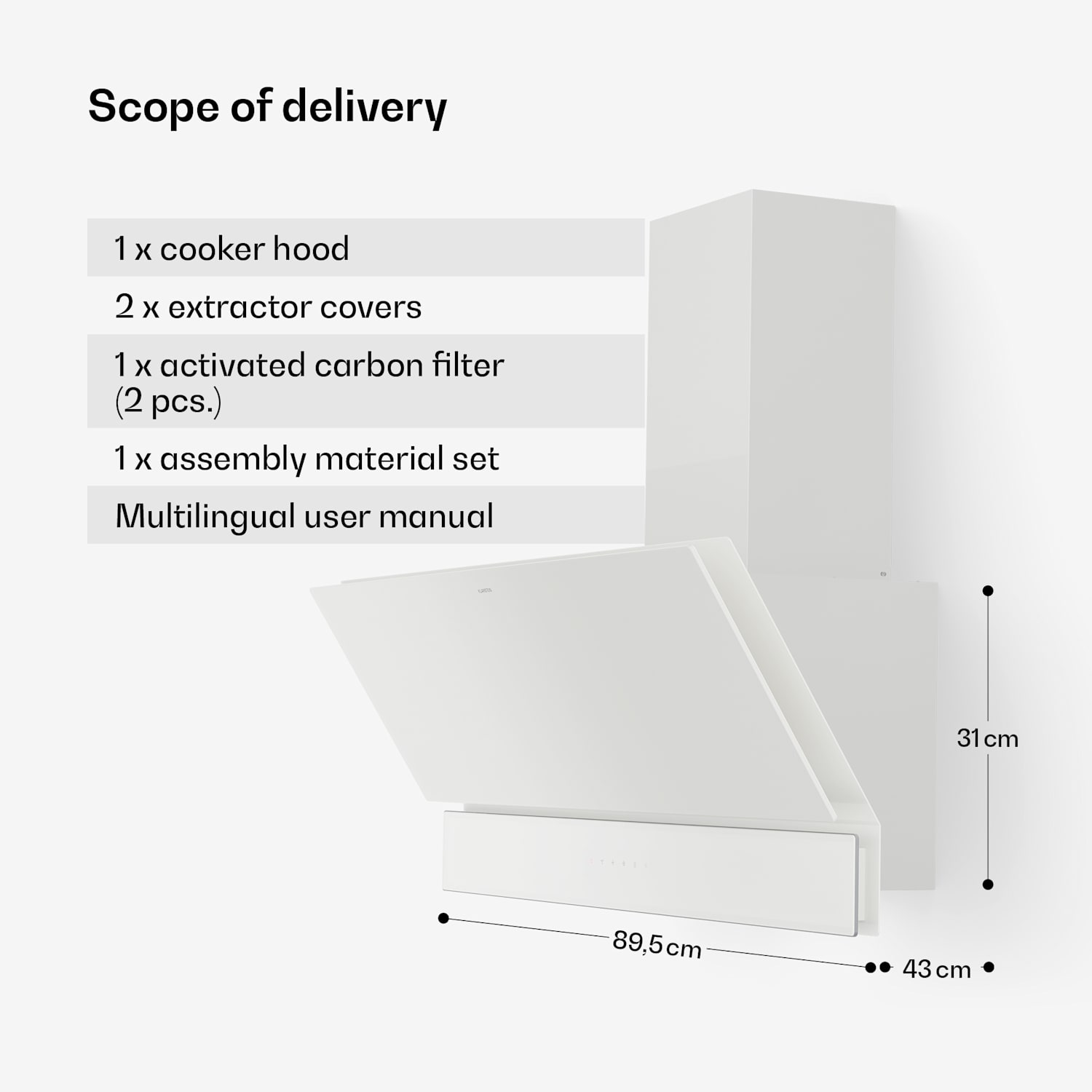 Velaire afzuigkap | elegant, minimalistisch, krachtig | energieklasse A++ | 820 m³/h | 90 cm 90 cm | Wit