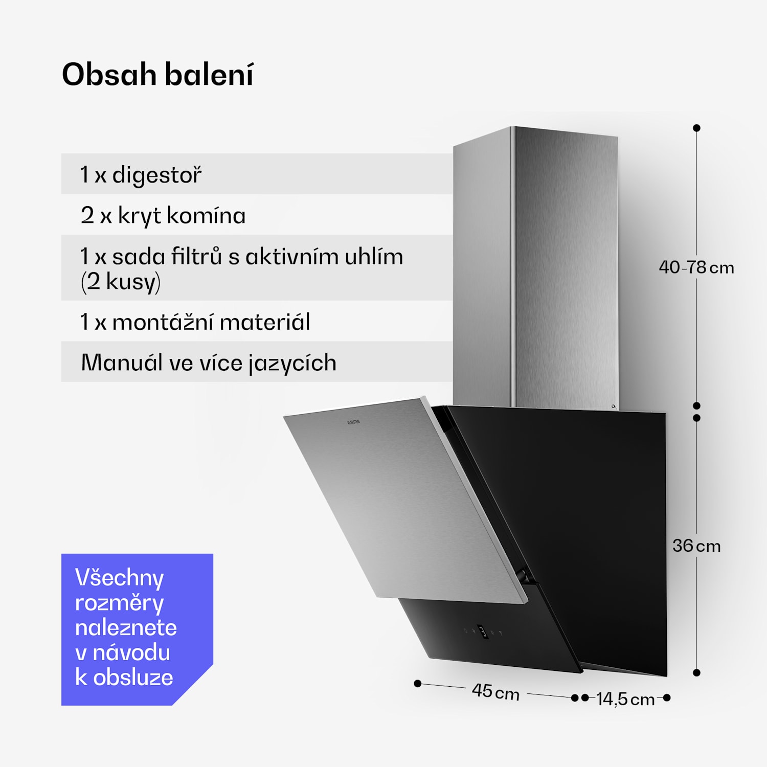 Velaire digestoř, Elegantní, minimalistická, výkonná, Energetická třída A++, 624 m³/h, 45 cm 45 cm