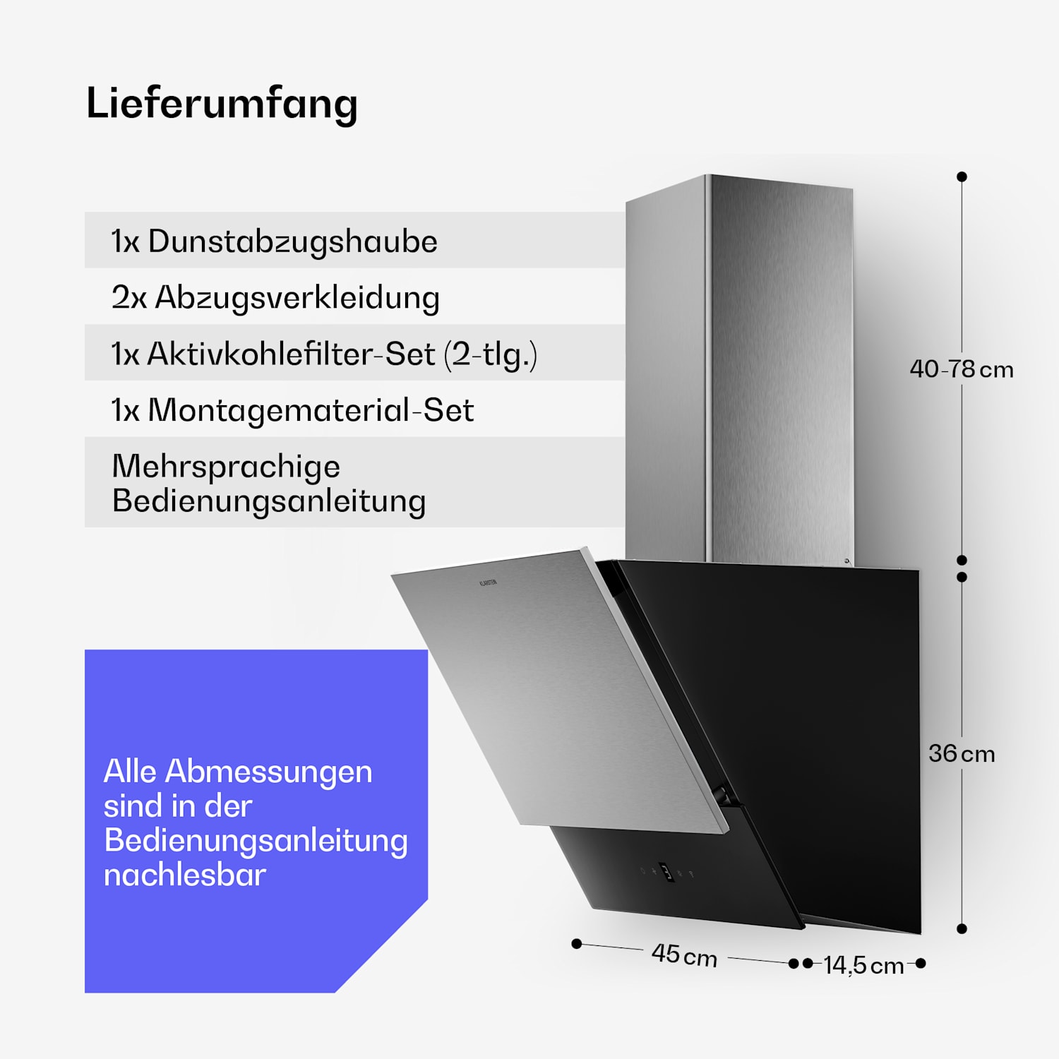 Verosteel hotte aspirante | Élégante, minimaliste, puissante | Classe énergétique A | 624 m³/h | 45 cm 45 cm