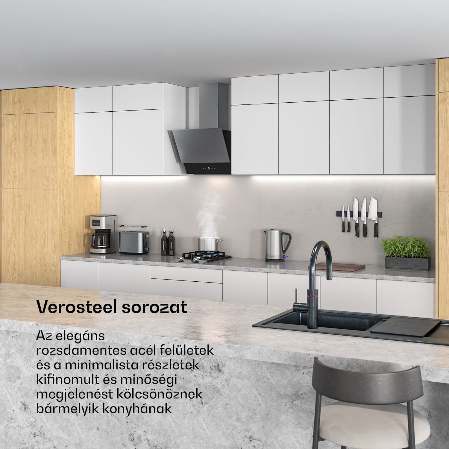 Verosteel páraelszívó, Elegáns, minimalista, nagy teljesítményű, A energiaosztály, 624 m³/h, 45 cm 45 cm