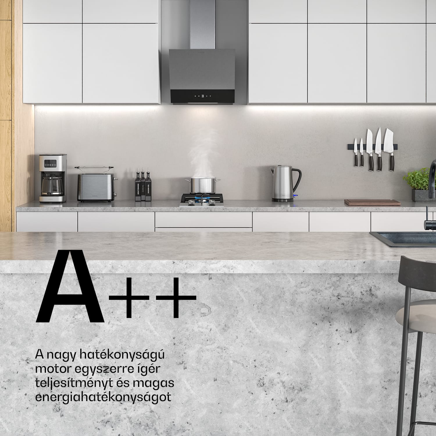 Verosteel páraelszívó, Elegáns, minimalista, nagy teljesítményű, A energiaosztály, 624 m³/h, 45 cm 45 cm