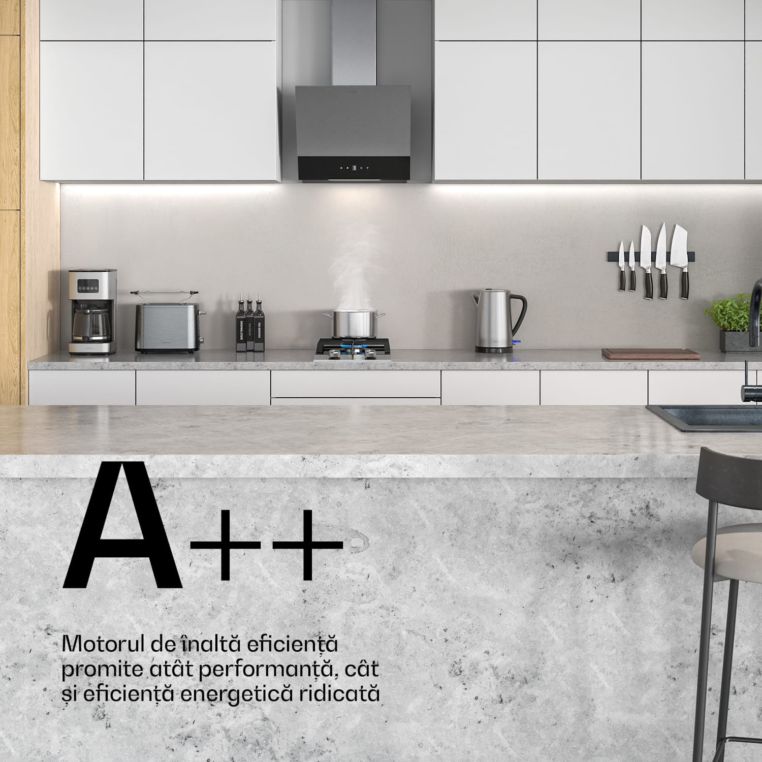 Hota Verosteel, Elegantă, minimalistă, performantă, Clasa energetică A, 624 m³/h, 45 cm 45 cm