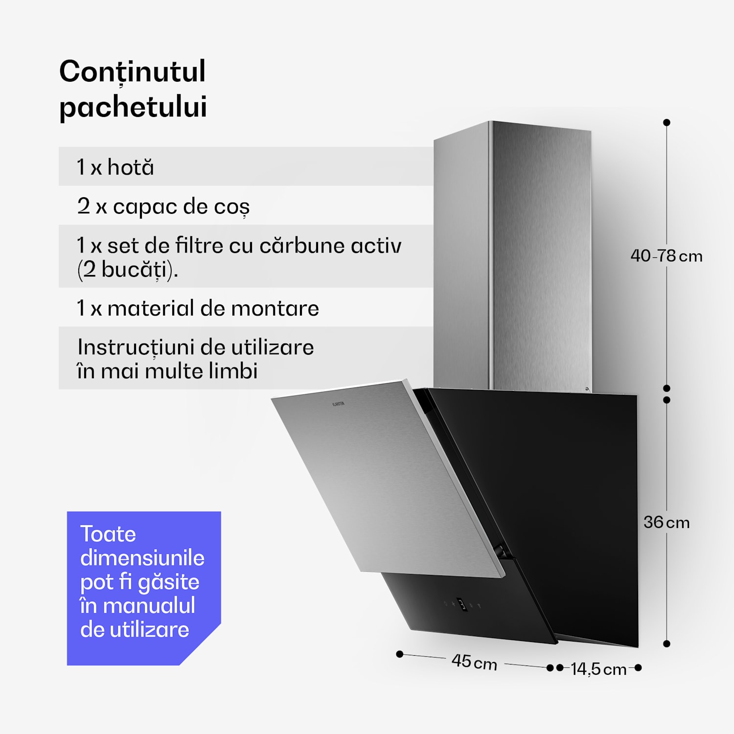 Hota Verosteel, Elegantă, minimalistă, performantă, Clasa energetică A, 624 m³/h, 45 cm 45 cm