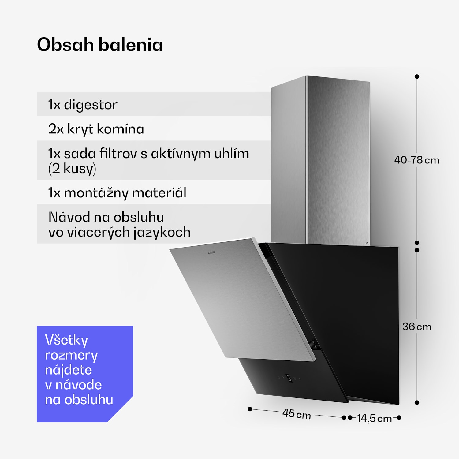 Verosteel digestor, Elegantný, minimalistický, výkonný, Energetická trieda A, 624 m³/h, 45 cm 45 cm