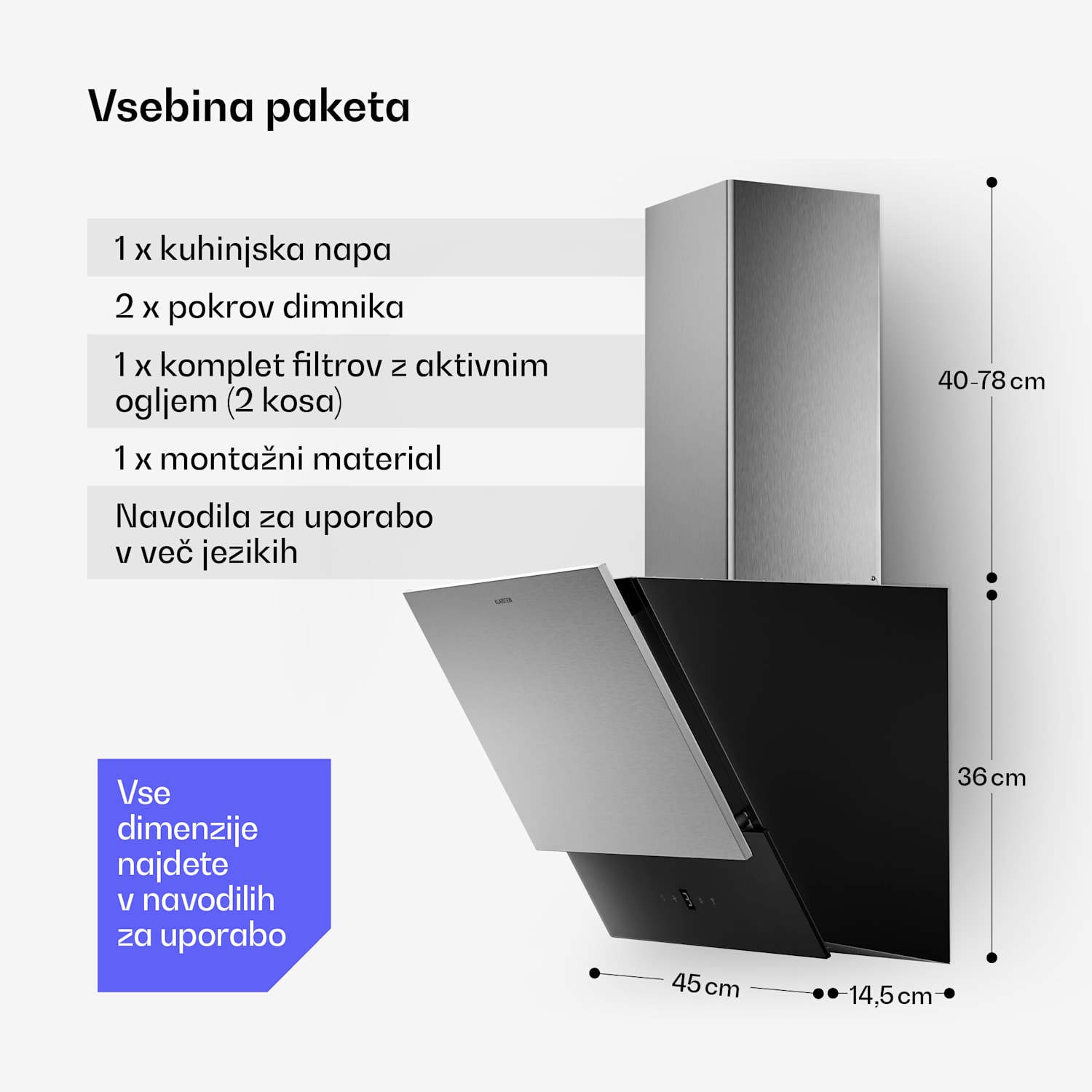 Verosteel kuhinjska napa, Elegantna, minimalistična, močna, Energijski razred A, 624 m³/h, 45 cm 45 cm