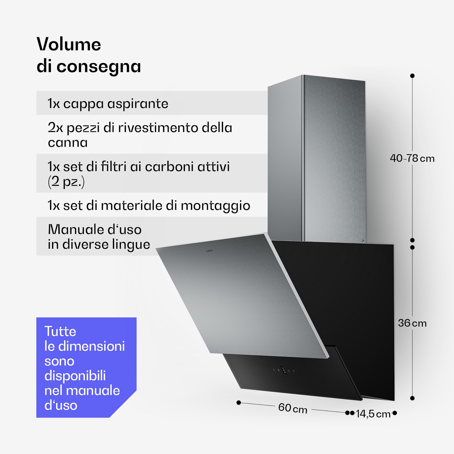 Verosteel - Cappa aspirante | Elegante, minimalista, potente | Classe energetica A | 624 m³/ora | 60 cm 60 cm