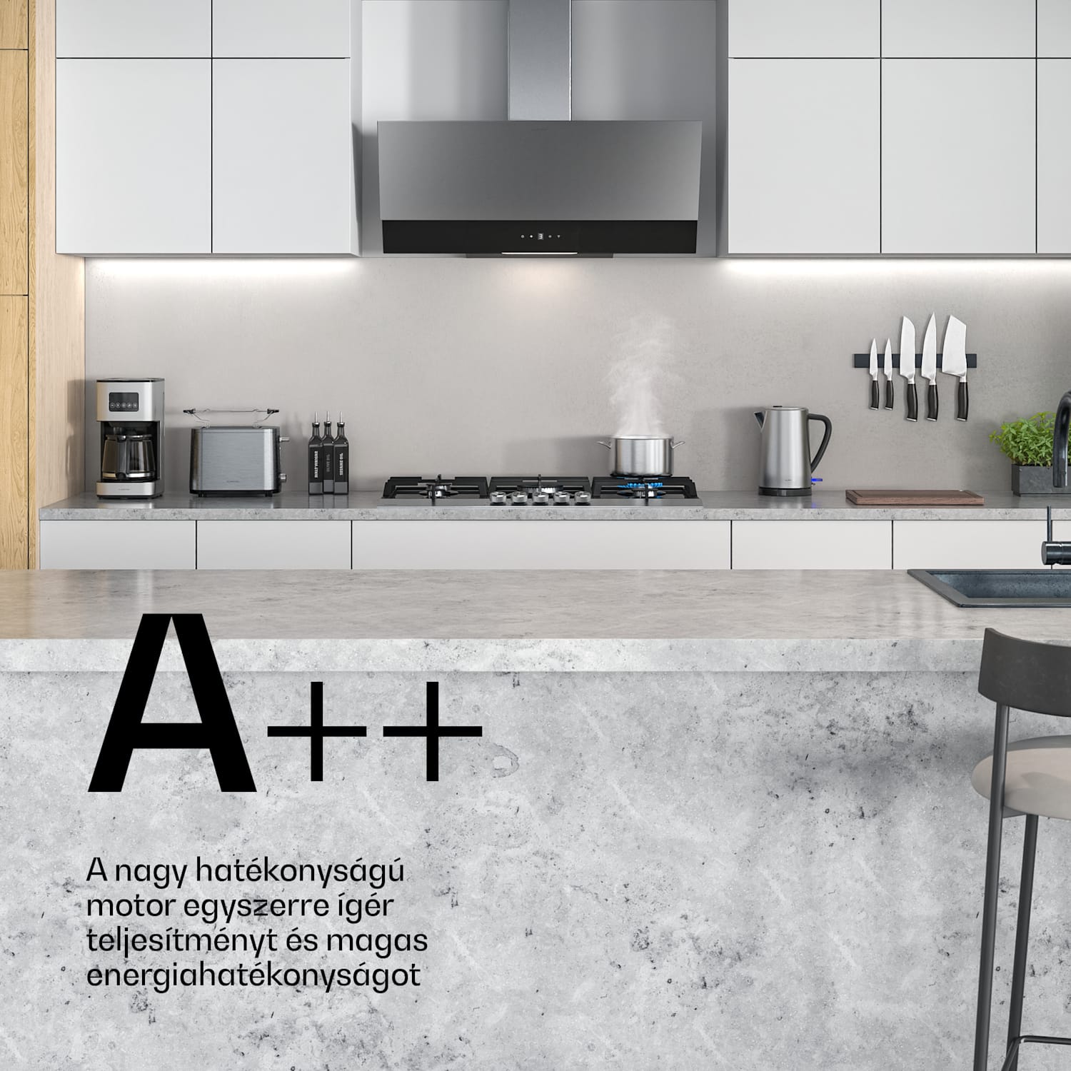 Verosteel páraelszívó, Elegáns, minimalista, nagy teljesítményű, A energiaosztály, 624 m³/h, 90 cm 90 cm