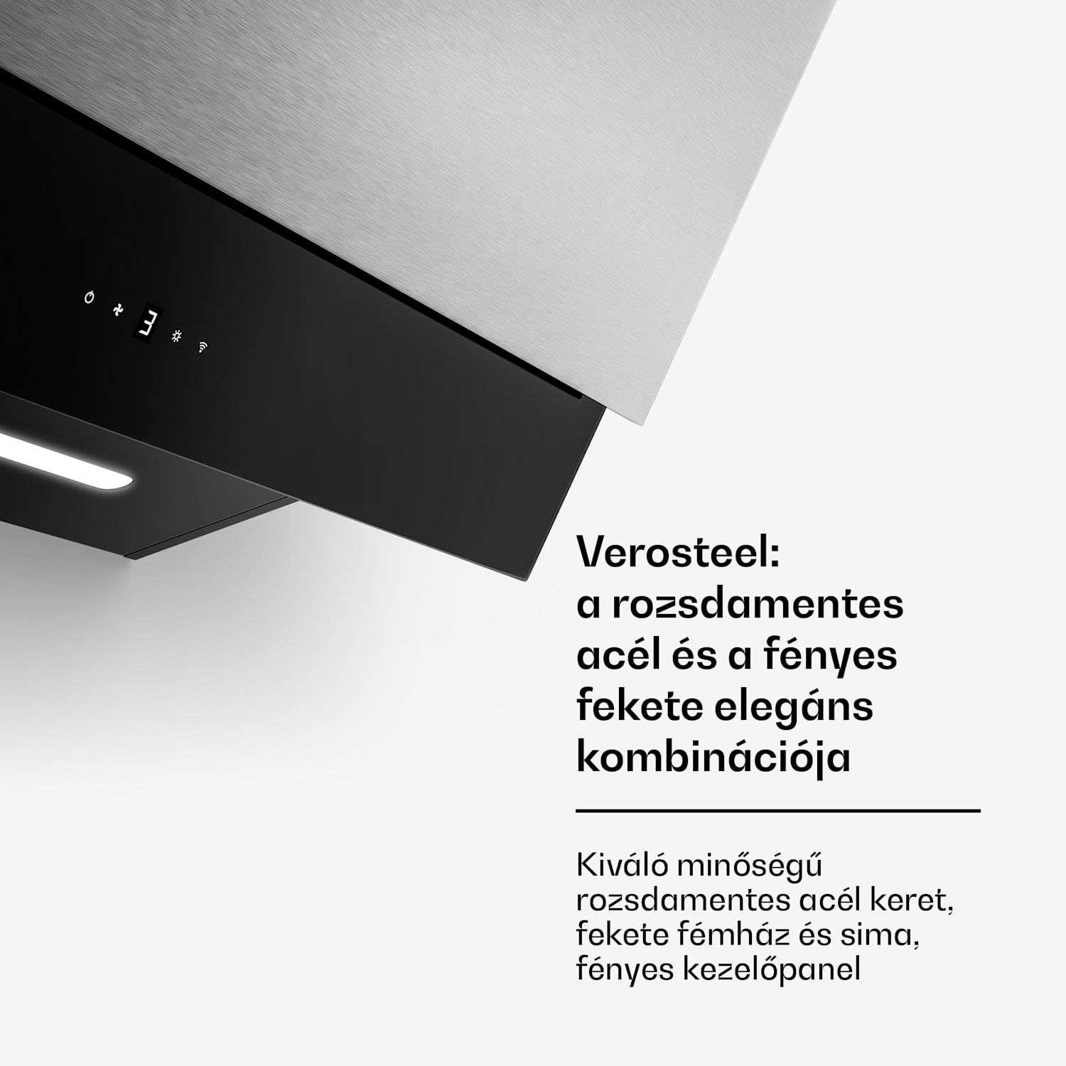 Verosteel páraelszívó, Elegáns, minimalista, nagy teljesítményű, A energiaosztály, 624 m³/h, 90 cm 90 cm