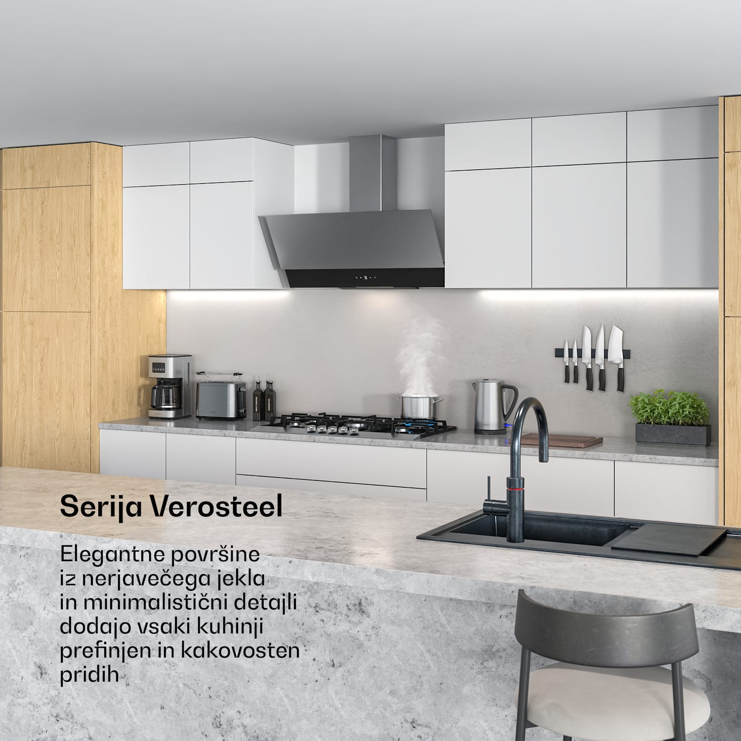 Verosteel kuhinjska napa, Elegantna, minimalistična, močna, Energijski razred A, 624 m³/h, 90 cm 90 cm