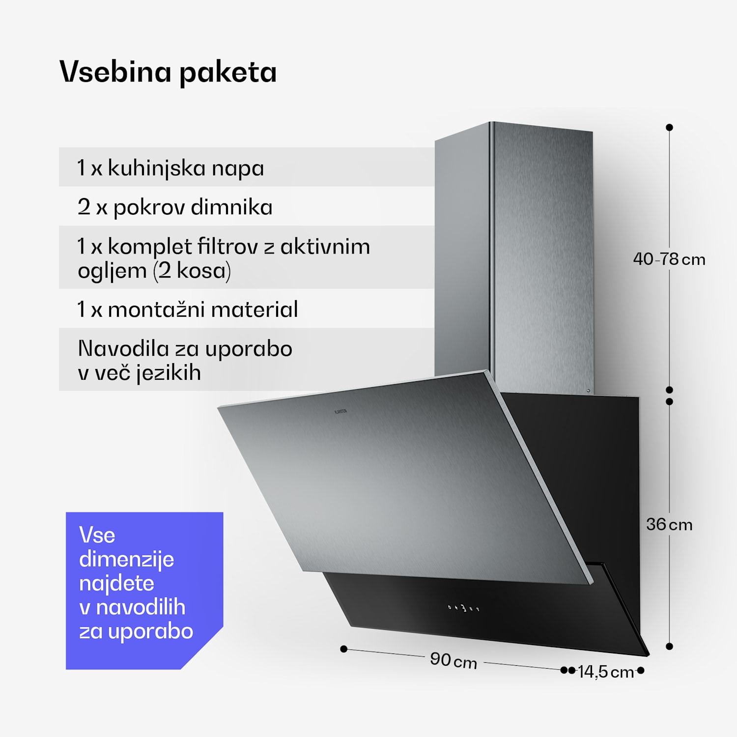 Verosteel kuhinjska napa, Elegantna, minimalistična, močna, Energijski razred A, 624 m³/h, 90 cm 90 cm
