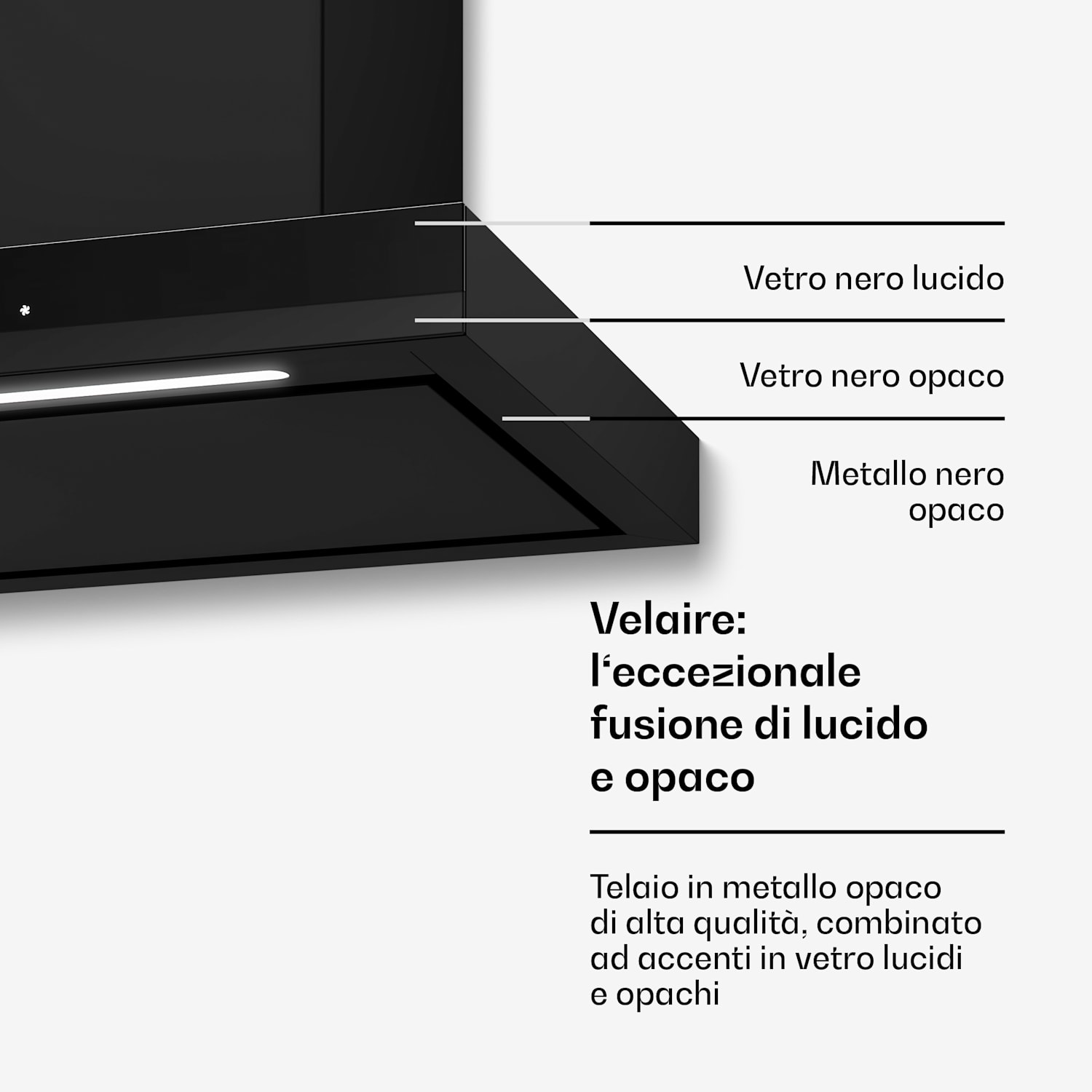 Velaire - Cappa aspirante | Elegante, minimalista, potente | Classe energetica A++ | 600 m³/ora | 60 cm 60 cm | Nero
